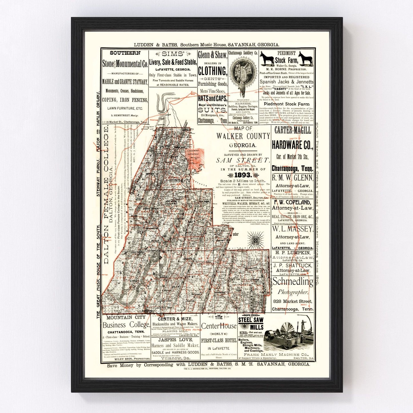 Vintage map of Walker County, Georgia, 1893, digitally restored