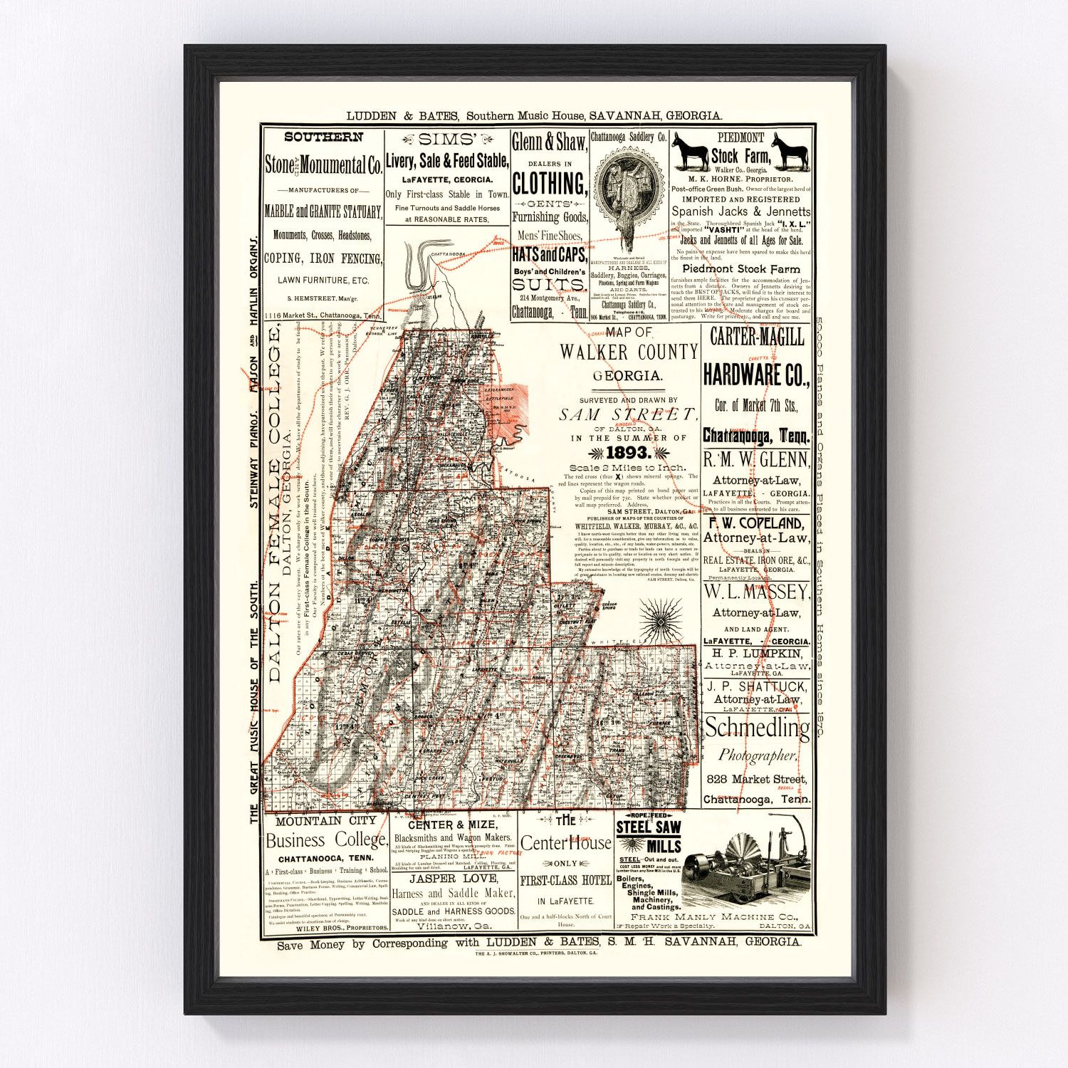 Vintage map of Walker County, Georgia, 1893, digitally restored