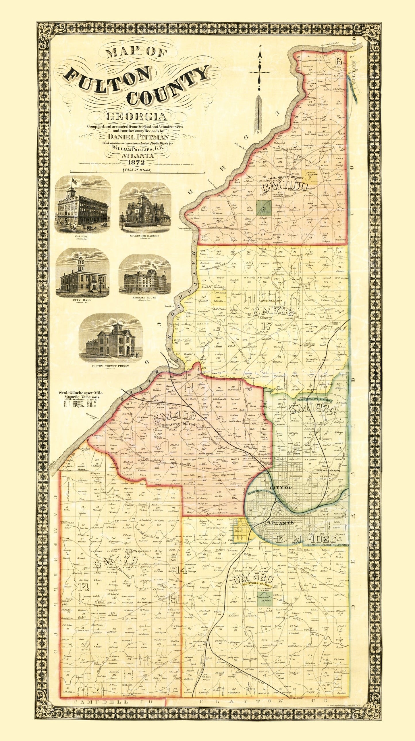 Vintage Map of Fulton County, Georgia, 1872