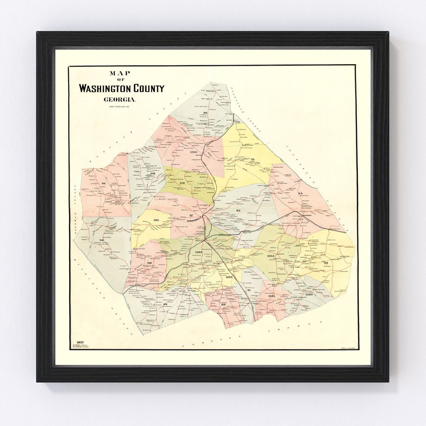 Vintage map of Washington County, Georgia, 1897, showing townships and river corridors