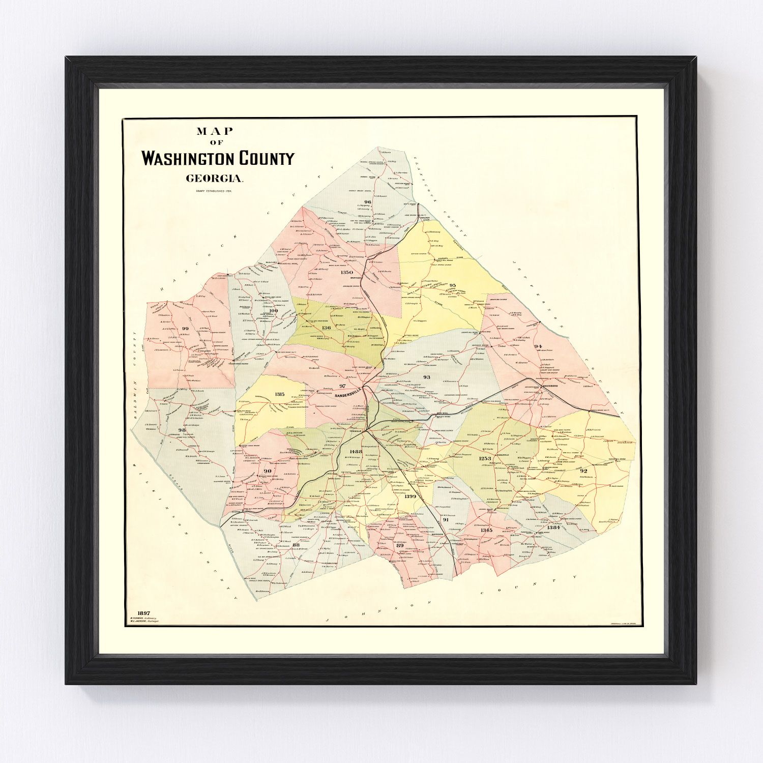 Vintage map of Washington County, Georgia, 1897, showing townships and river corridors