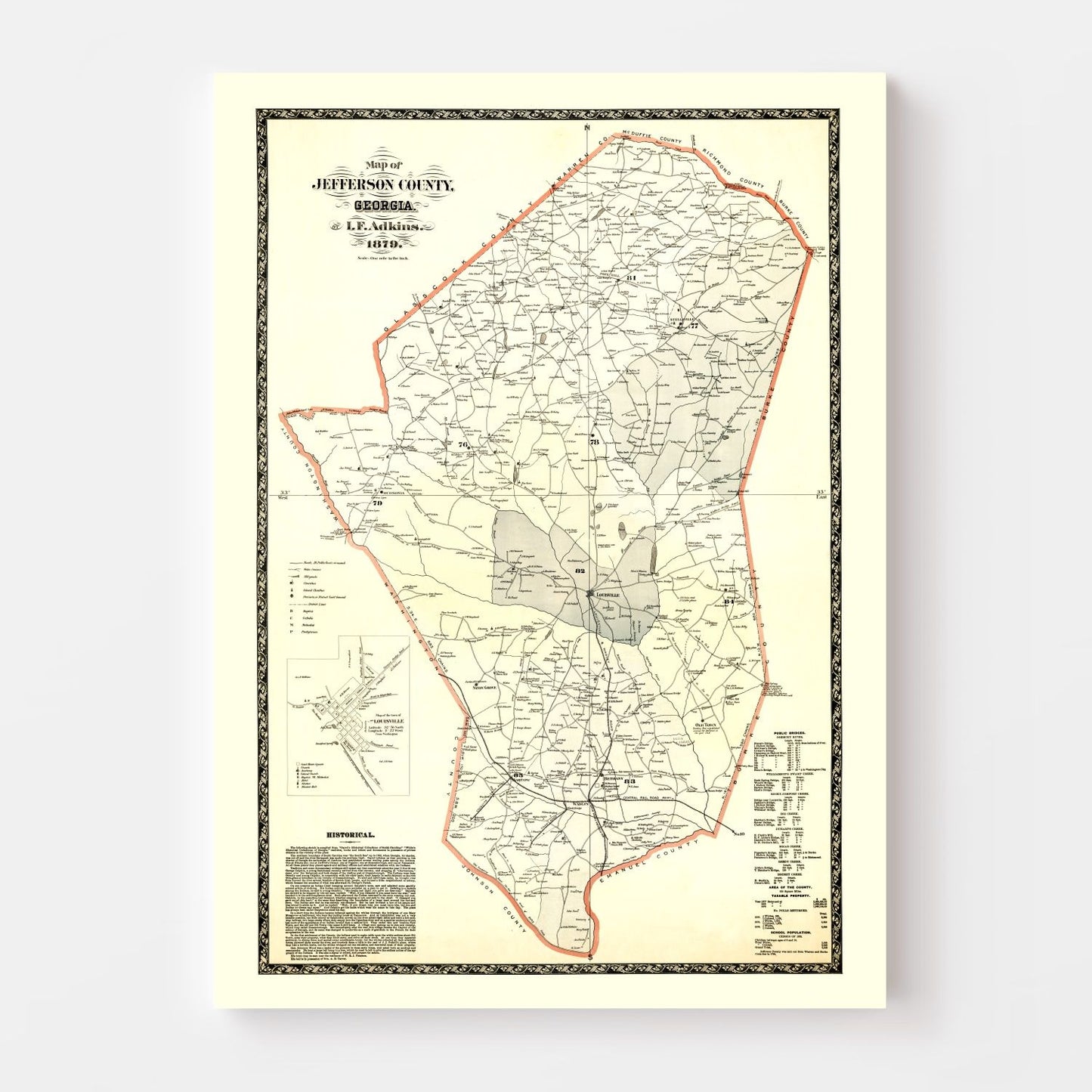 Vintage Map of Jefferson County, Georgia, 1879
