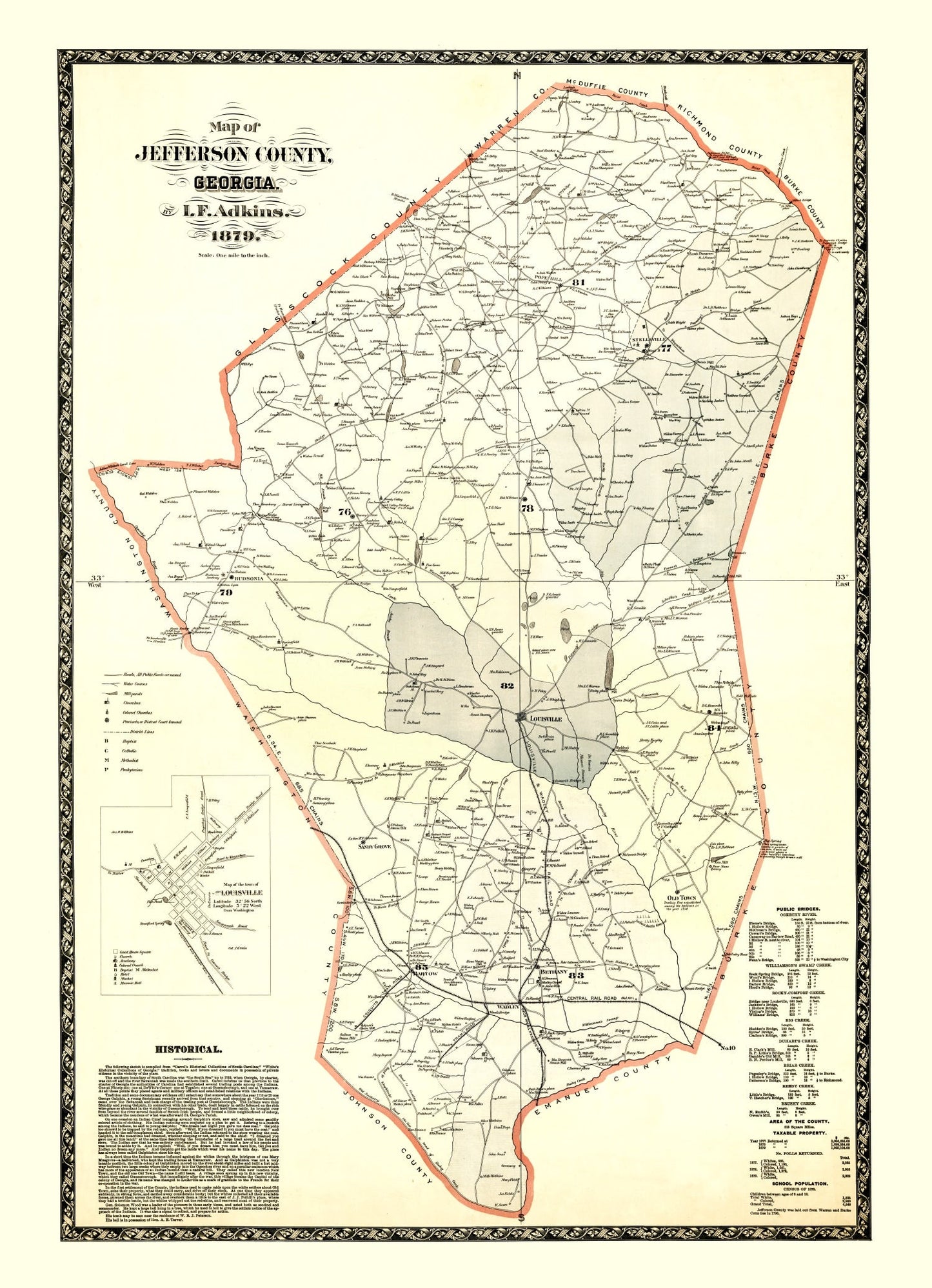 Vintage Map of Jefferson County, Georgia, 1879