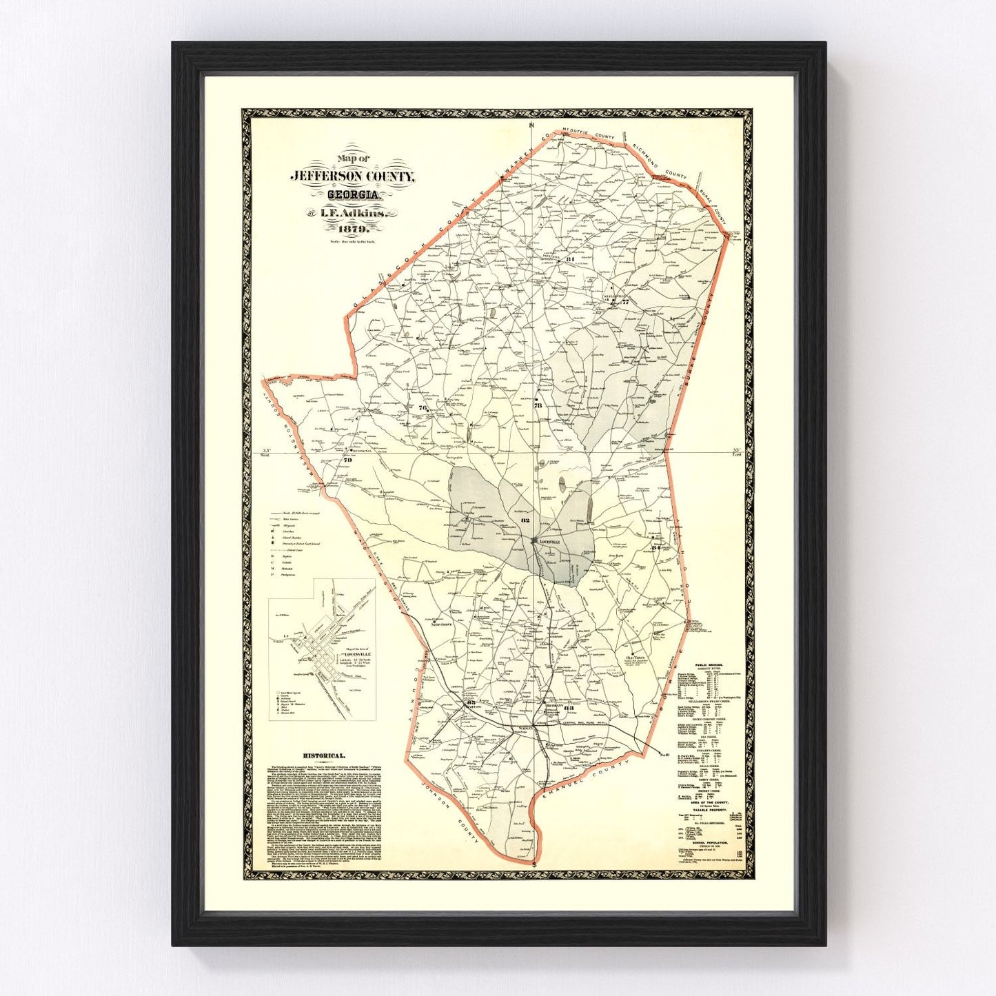 Vintage map of Jefferson County, Georgia, 1879
