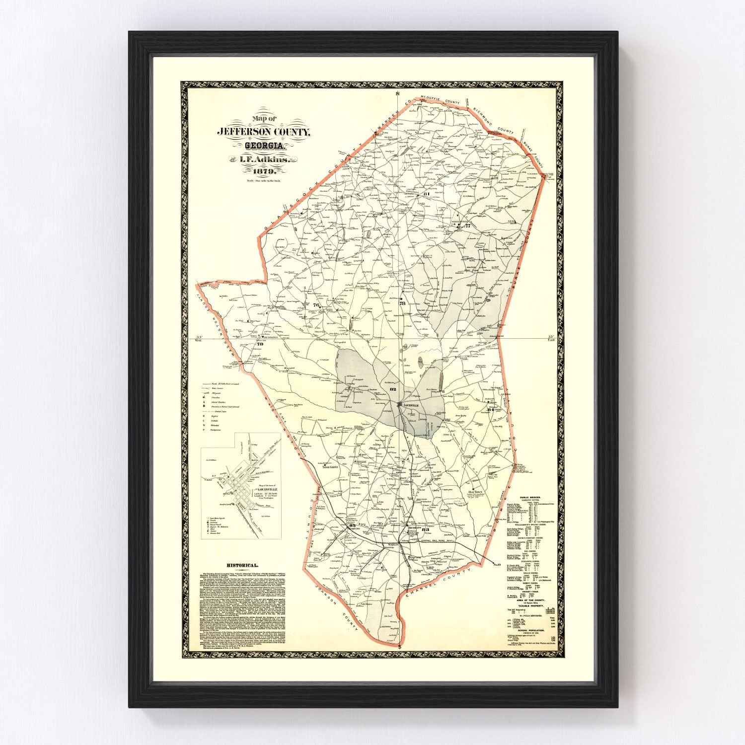 Vintage map of Jefferson County, Georgia, 1879