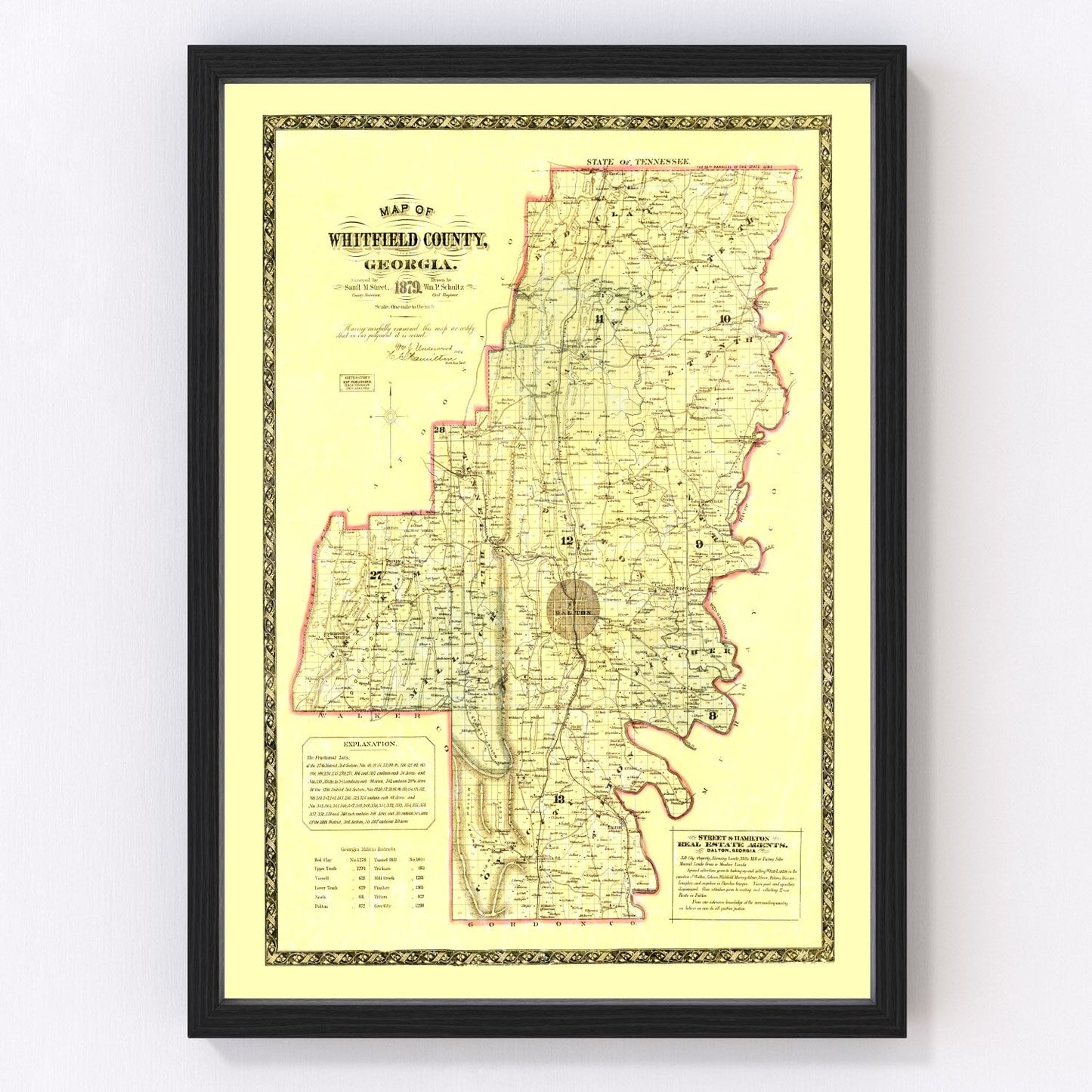 Vintage map of Whitfield County, Georgia, 1879 - Dalton area restored print