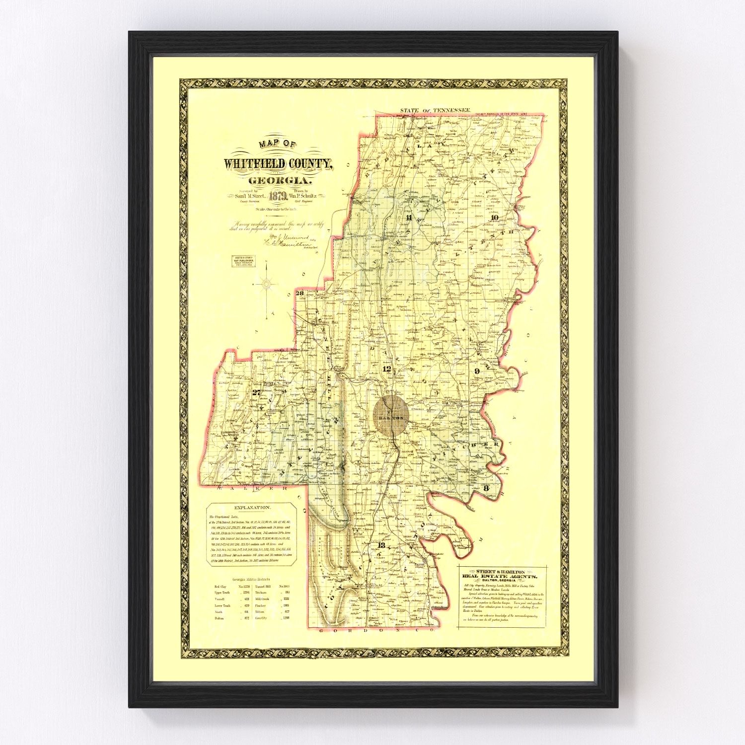 Vintage map of Whitfield County, Georgia, 1879 - Dalton area restored print