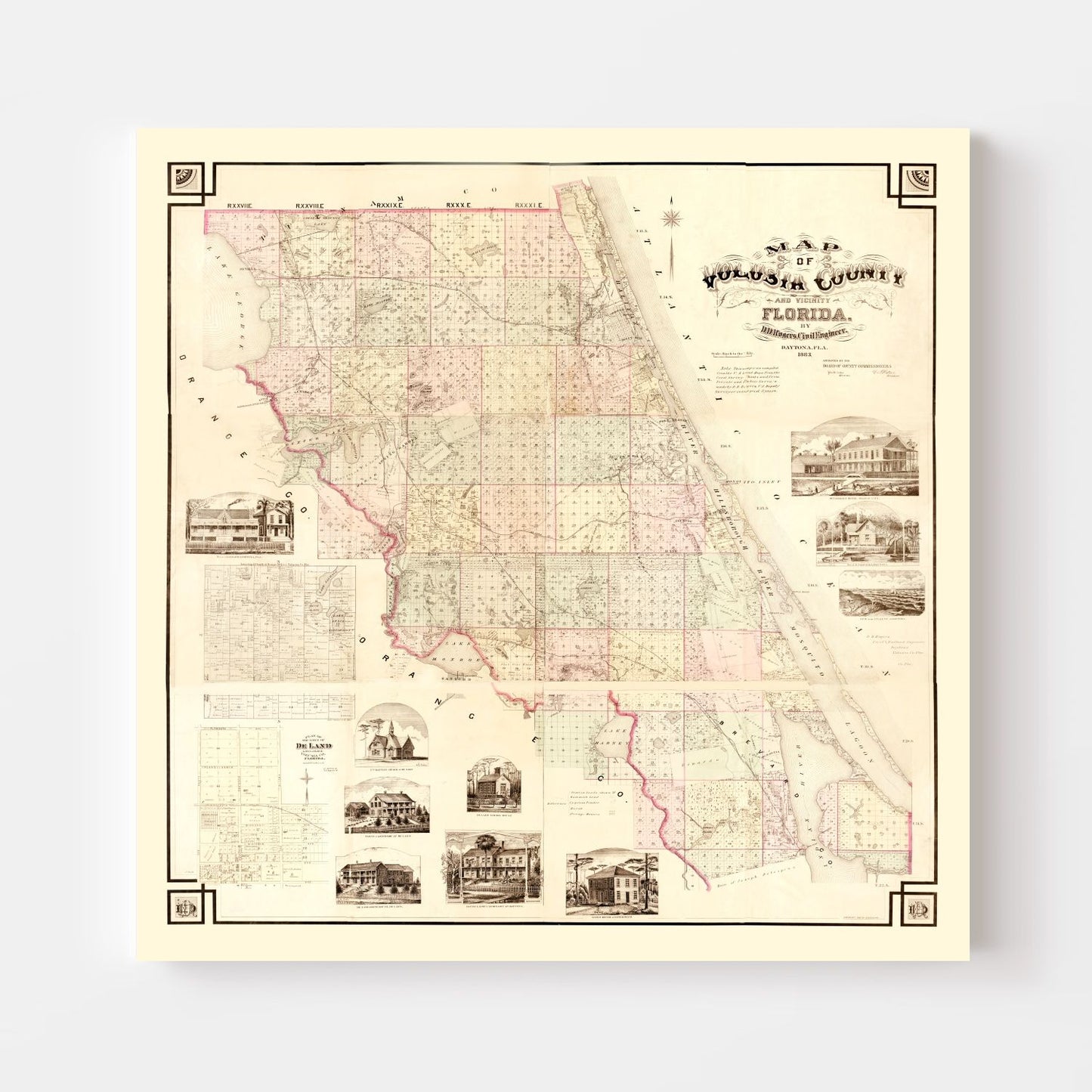 Vintage Map of Volusia County, Florida, 1879