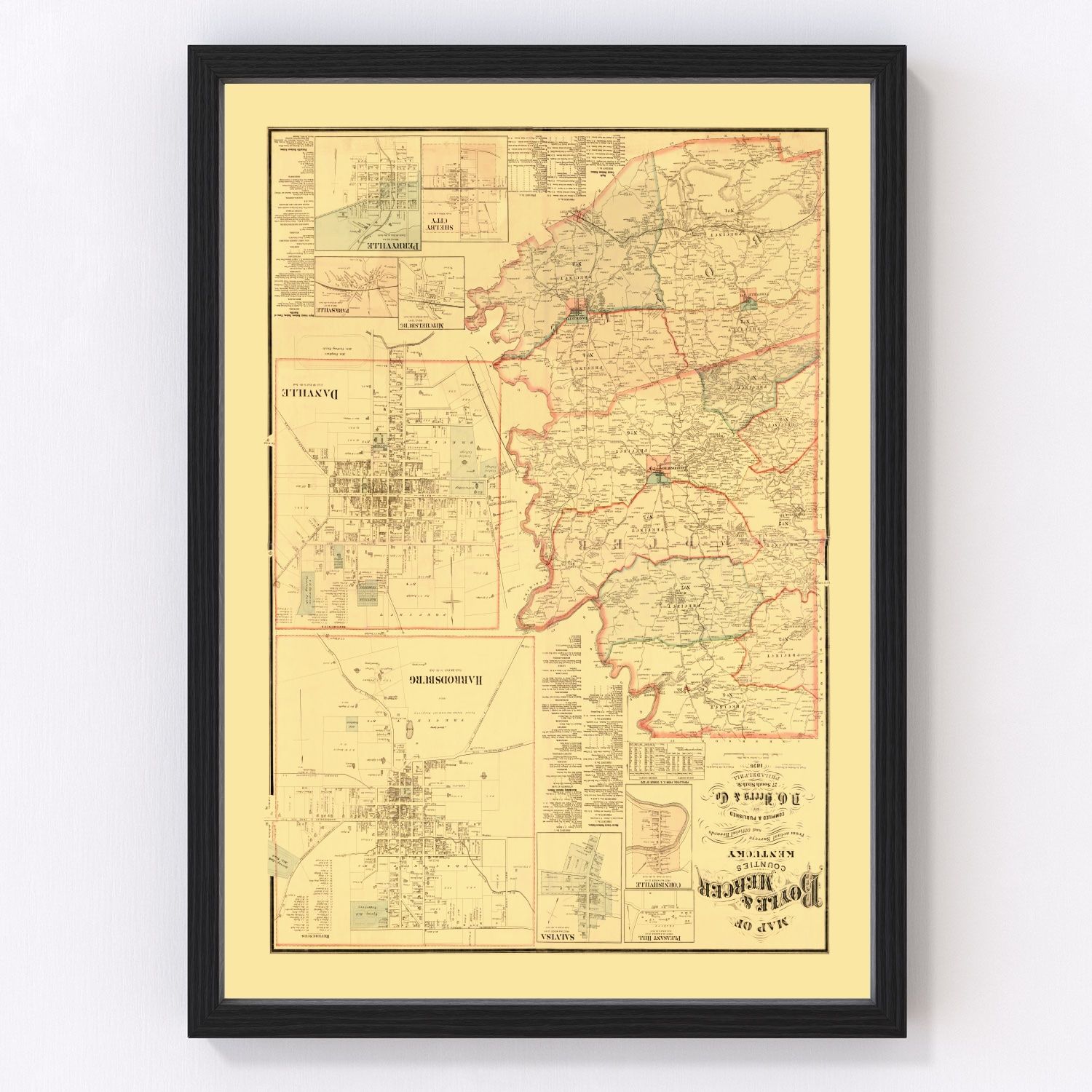 vintage map of Boyle County Kentucky, 1876, restored print wall art