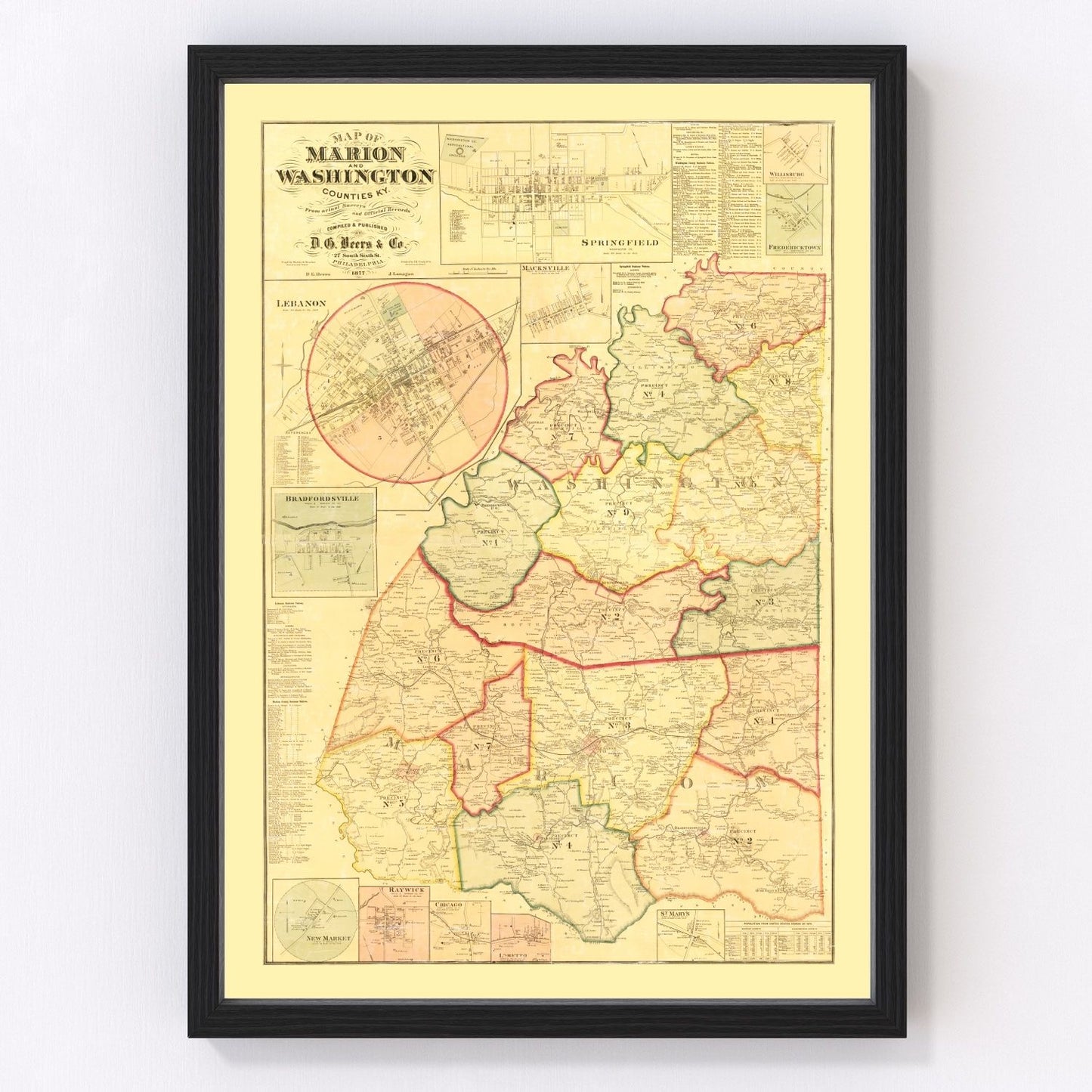 Vintage map of Marion County, Kentucky, 1877