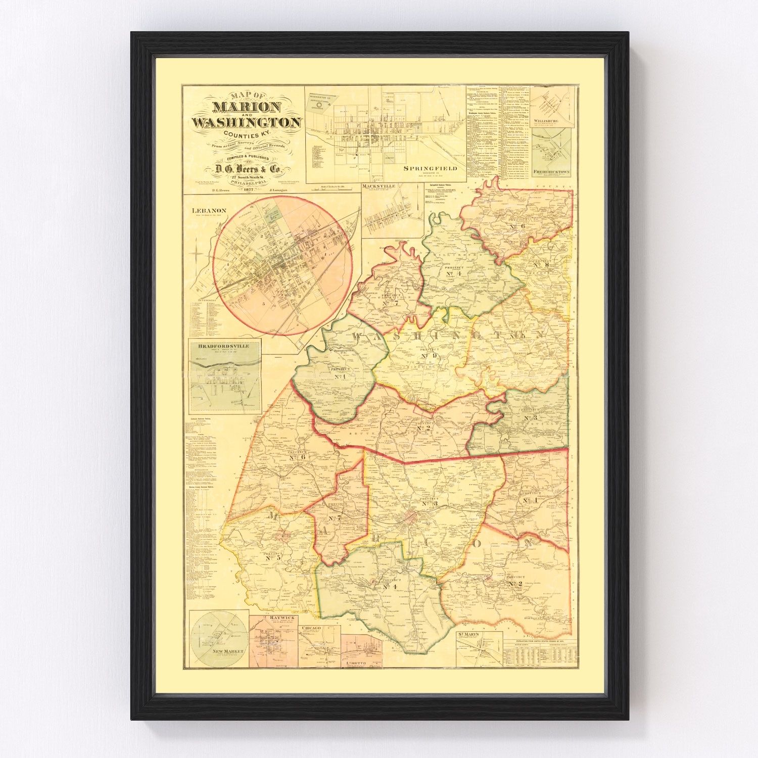 Vintage map of Marion County, Kentucky, 1877
