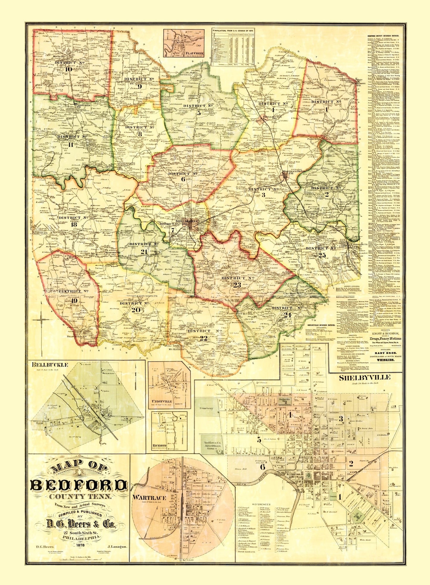 Vintage Map of Bedford County, Tennessee, 1878