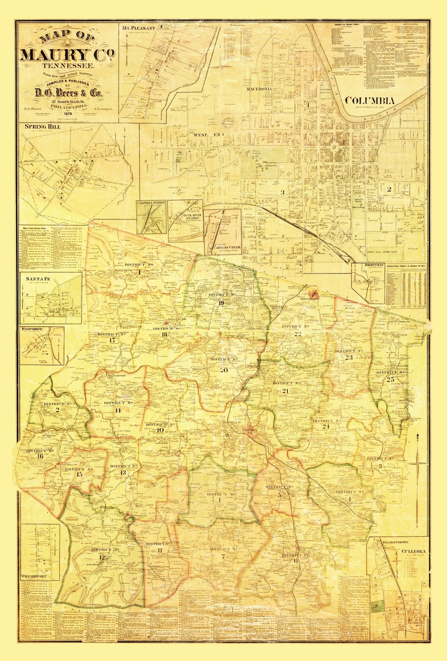 Vintage Map of Maury County, Tennessee, 1878