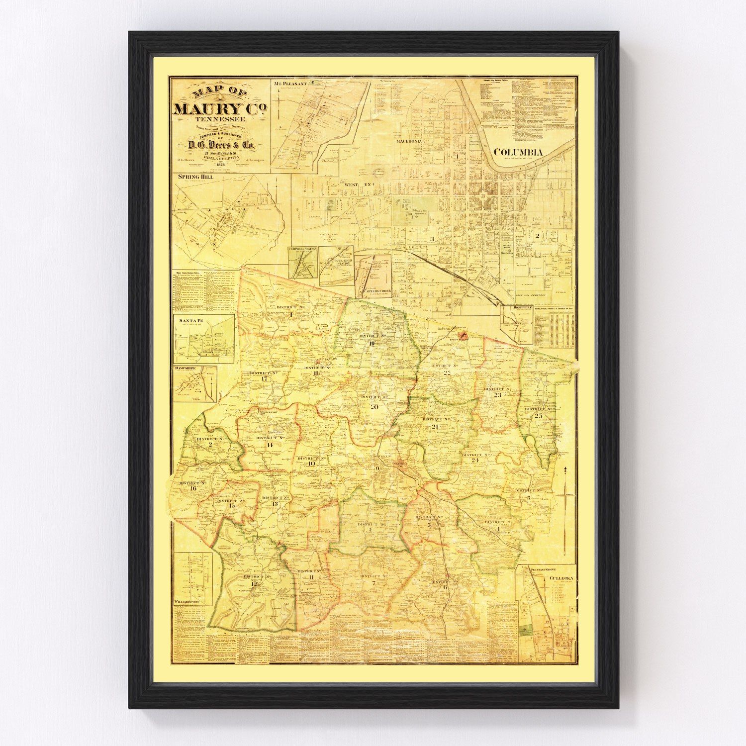 Vintage map of Maury County, Tennessee, 1878