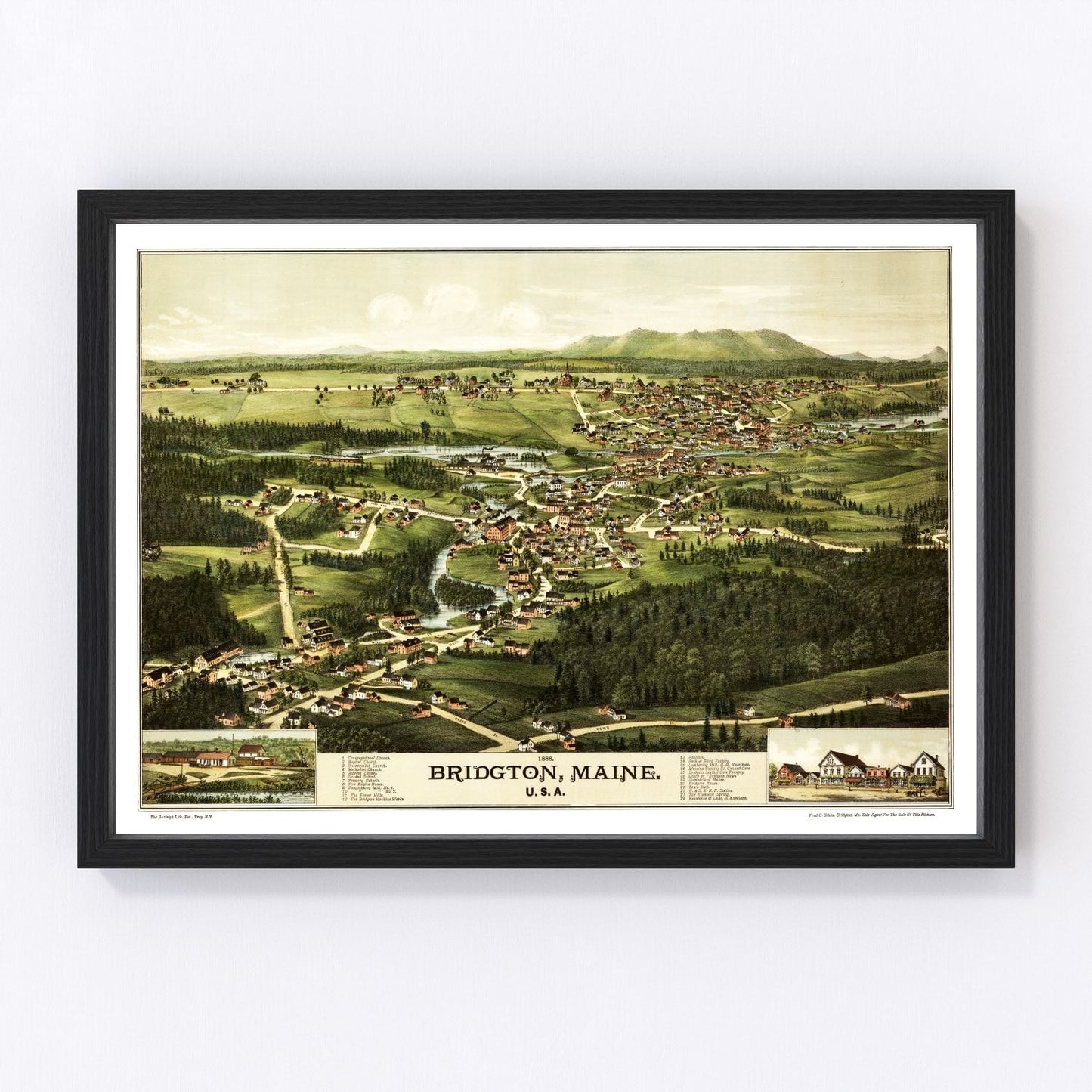 Vintage map of Bridgton, Cumberland County, Maine, 1888, restored print