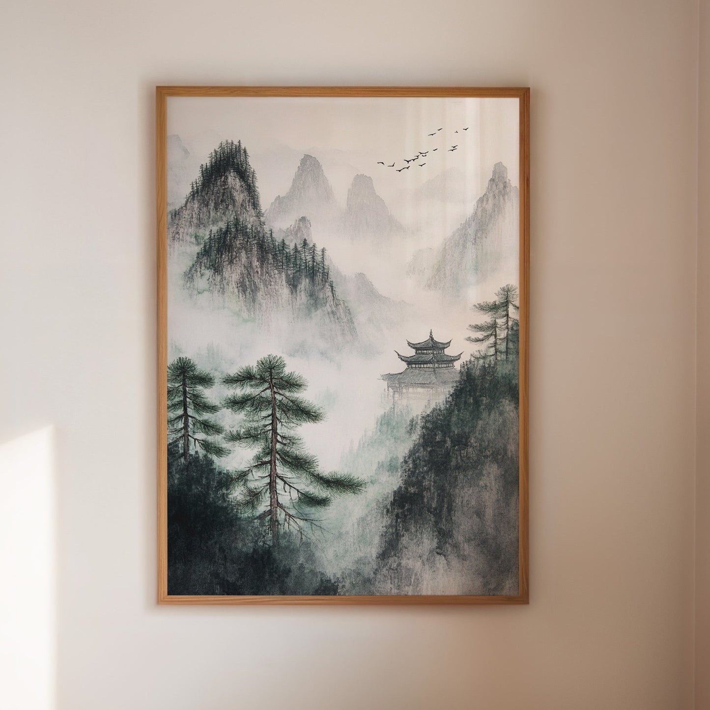 Misty mountain zen Chinese ink landscape giclee wall art print with pagoda