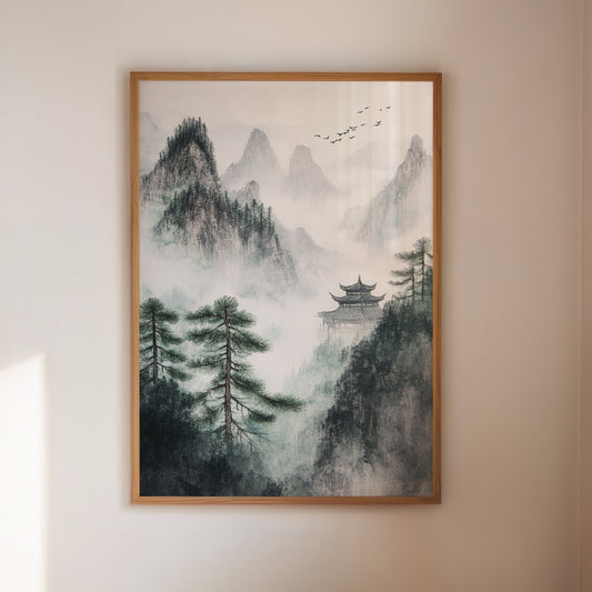 Misty mountain zen Chinese ink landscape giclee wall art print with pagoda