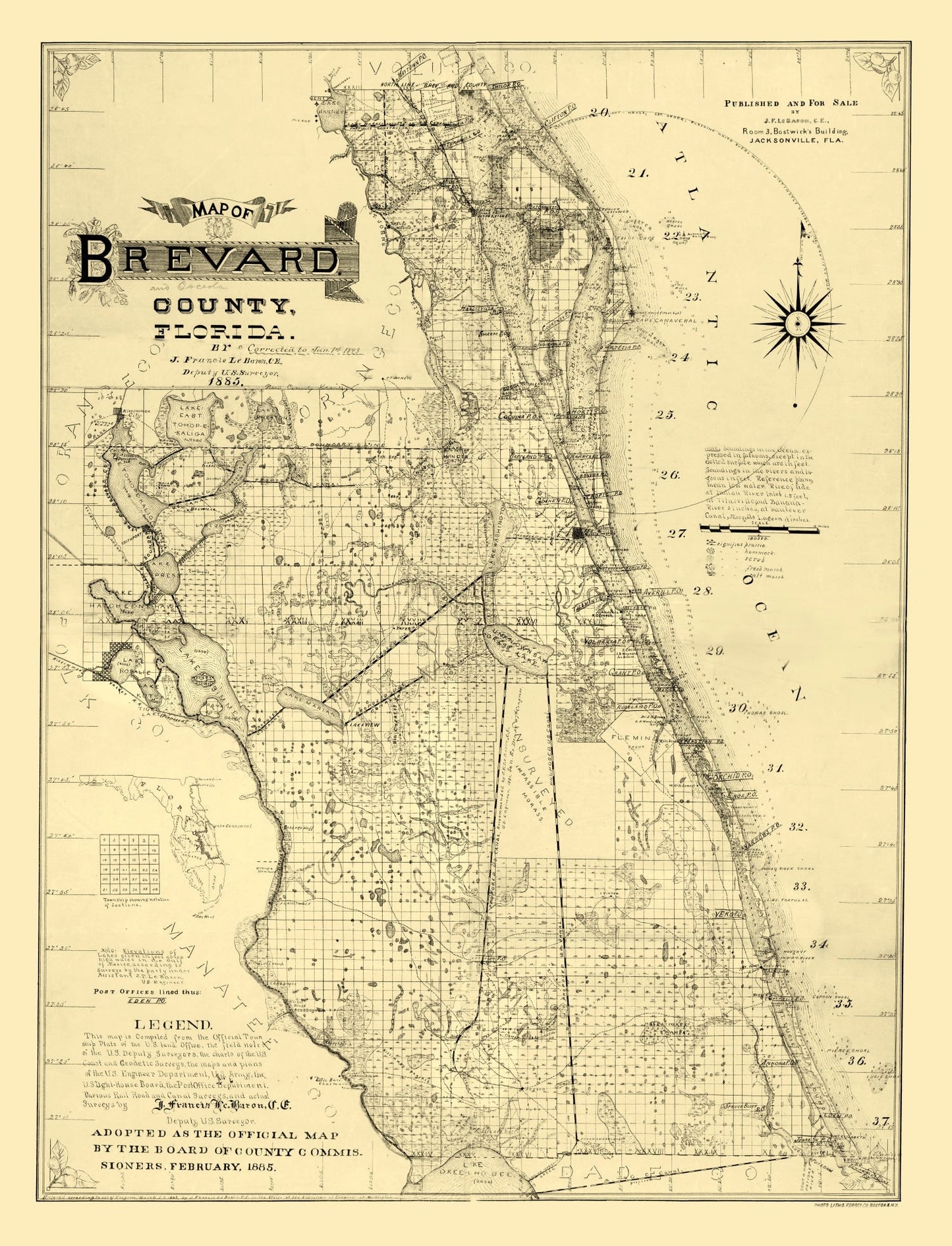 Vintage Map of Brevard County, Florida 1893