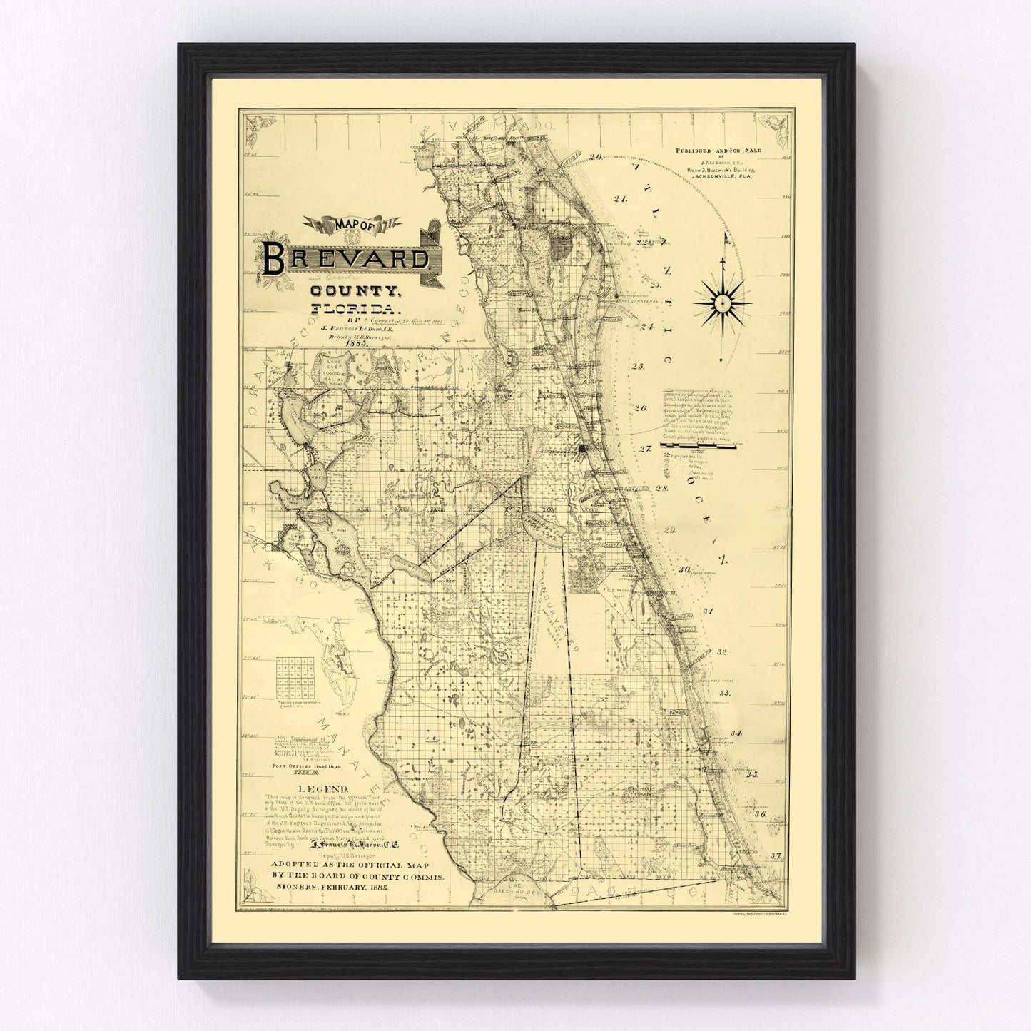 vintage map of Brevard County Florida, 1893, restored print wall art