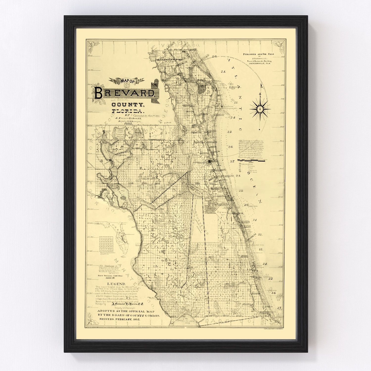 vintage map of Brevard County Florida, 1893, restored print wall art