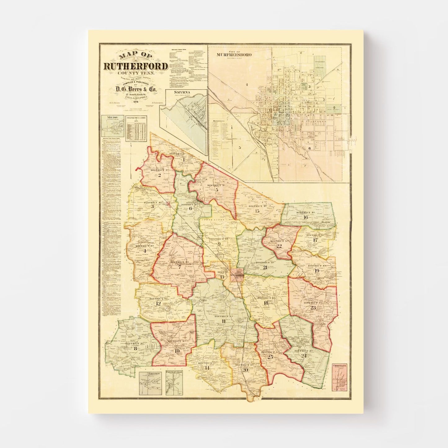 Vintage Map of Rutherford County, Tennessee, 1878