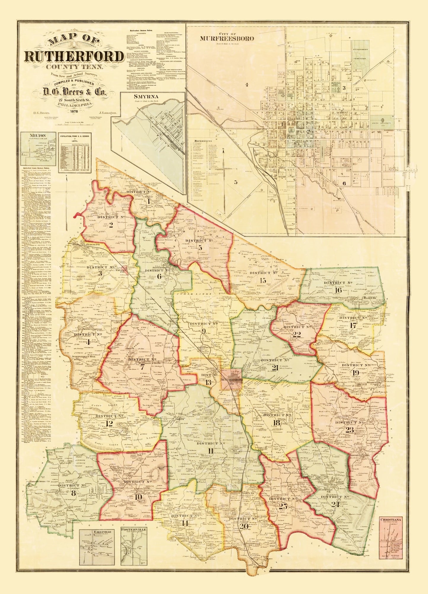Vintage Map of Rutherford County, Tennessee, 1878