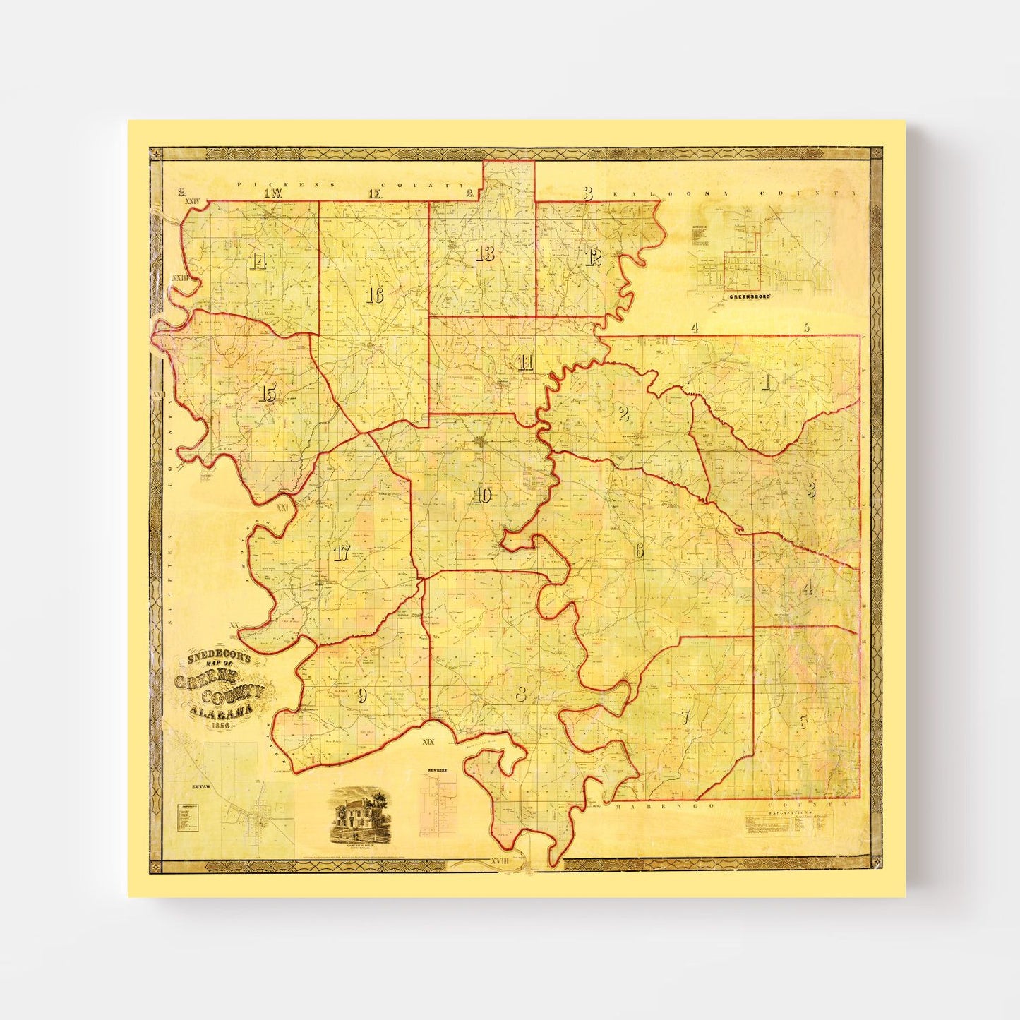 Vintage Map of Greene County, Alabama, 1856