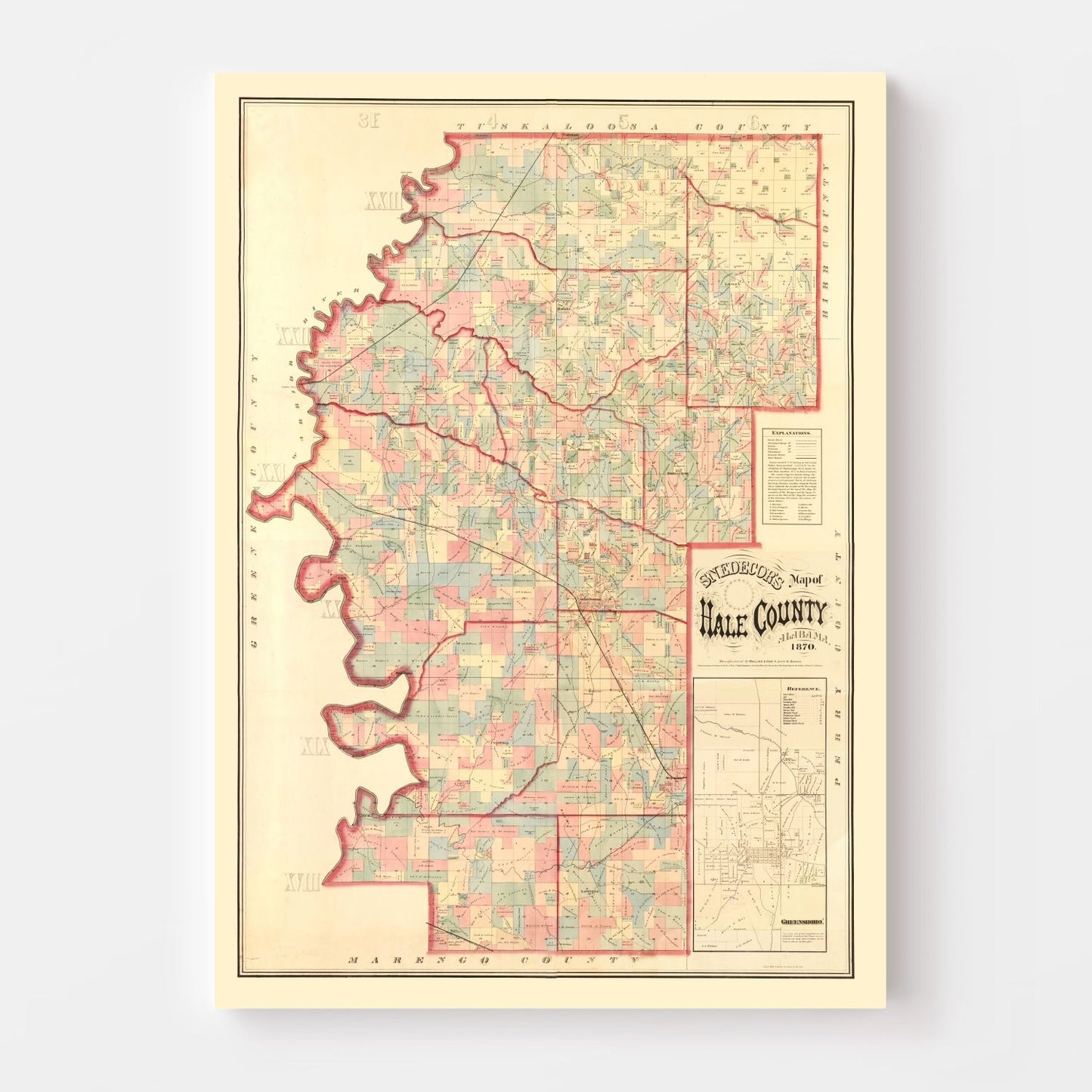 Vintage Map of Hale County, Alabama, 1870