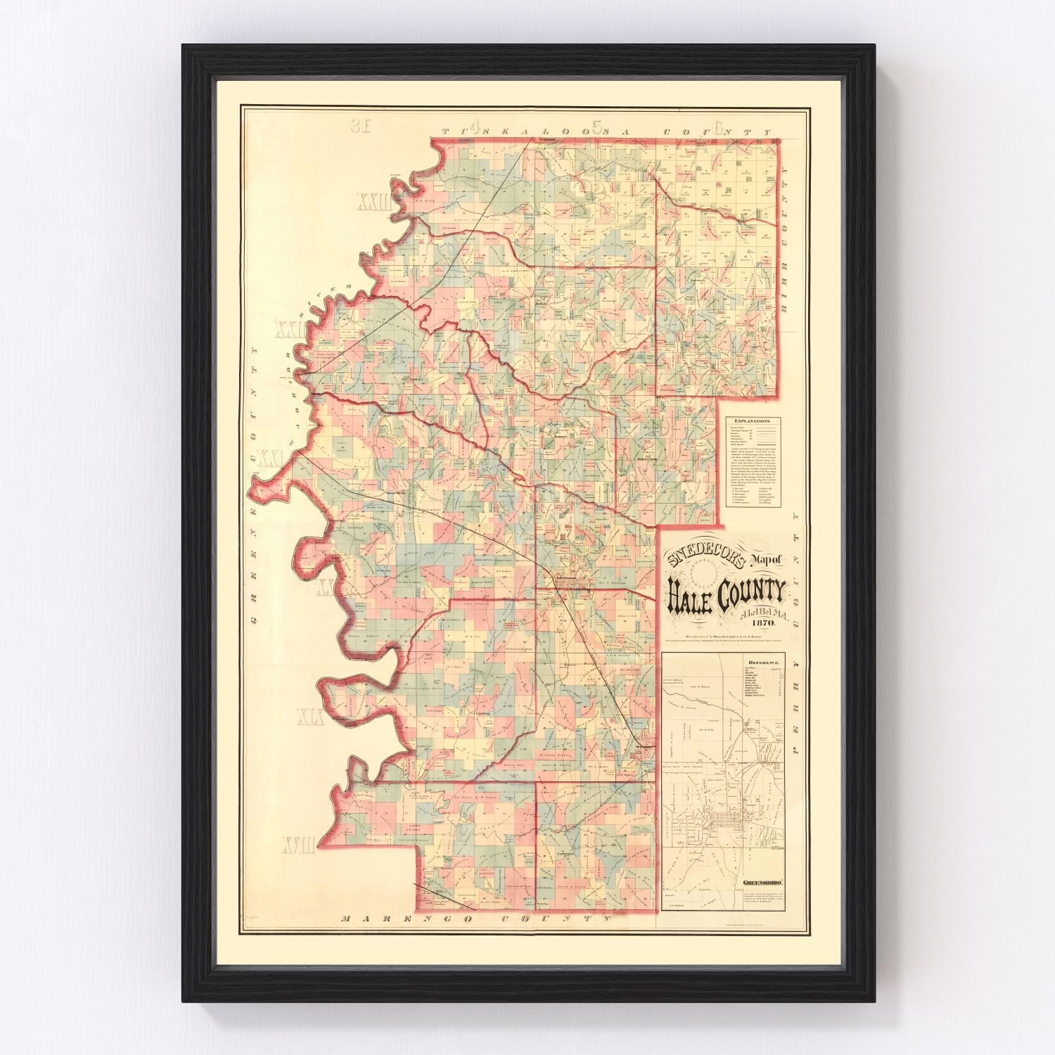 Vintage map of Hale County, Alabama, 1870