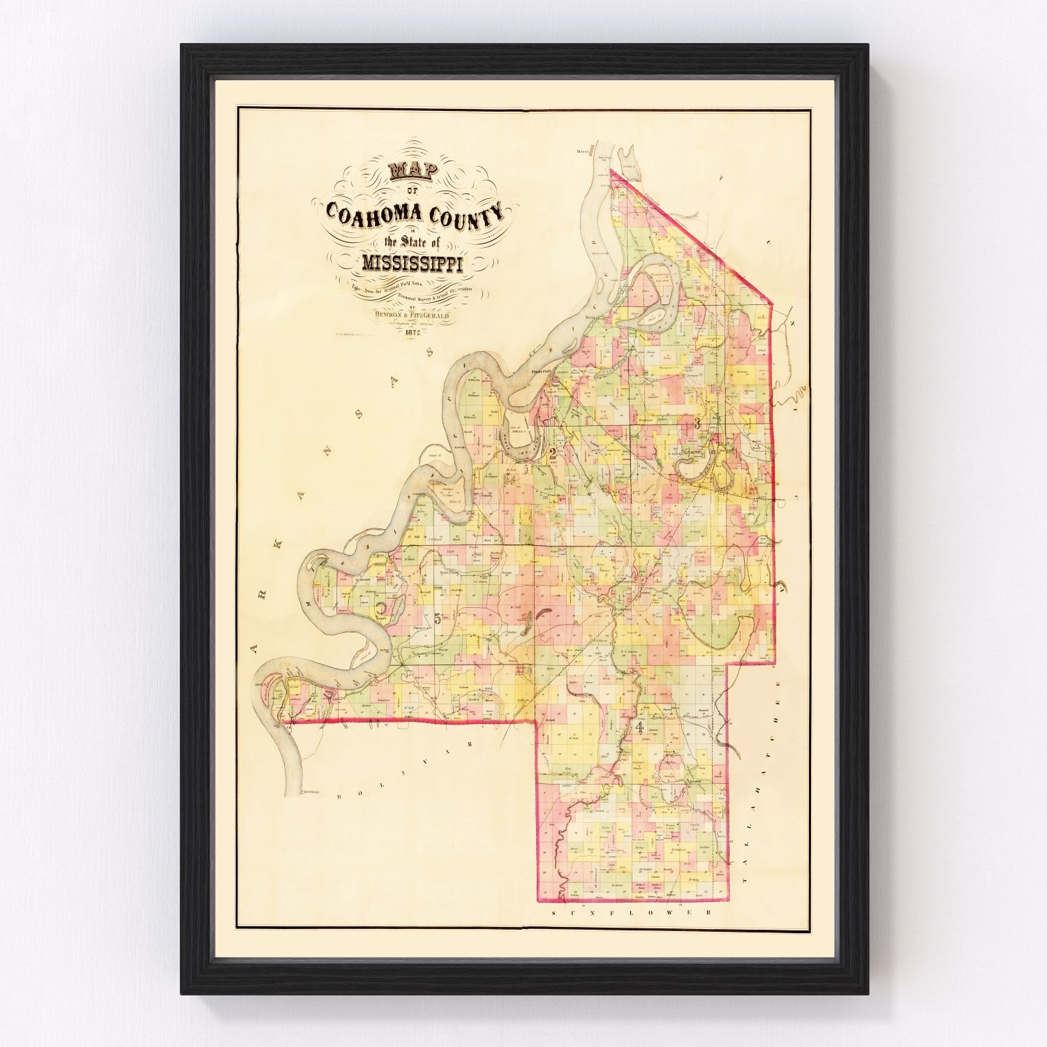 vintage map of Coahoma County, Mississippi, 1872