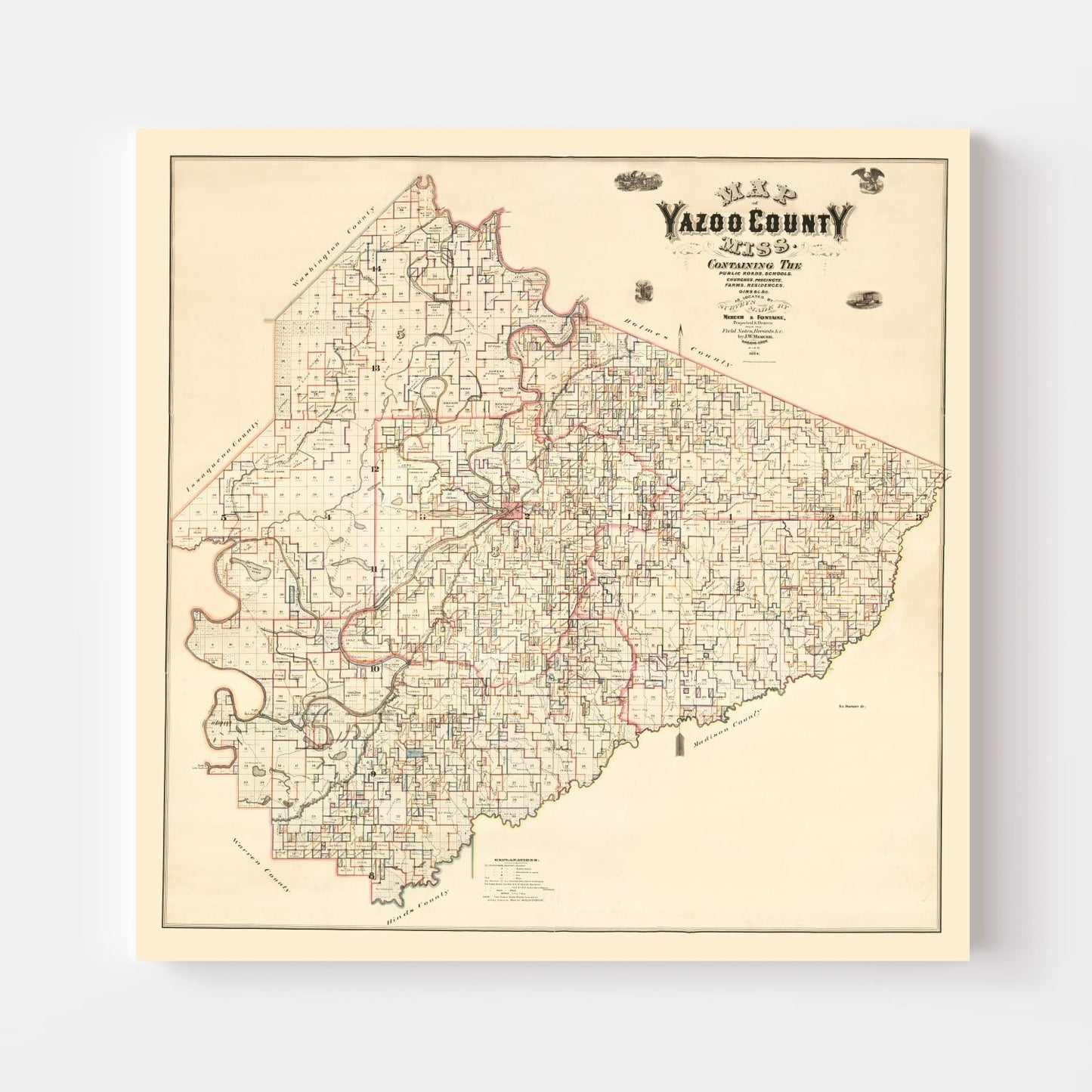 Vintage Map of Yazoo County, Mississippi, 1874