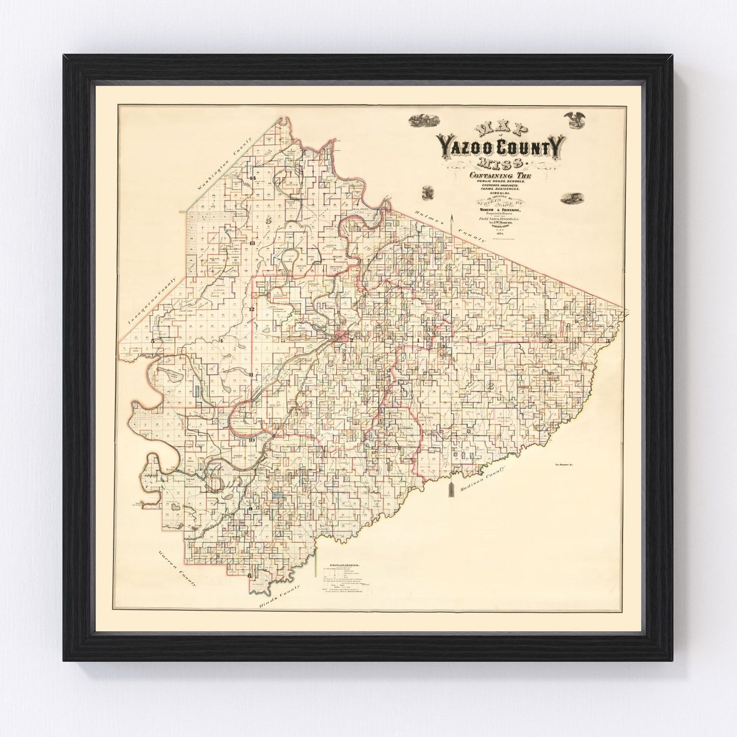 Vintage map of Yazoo County, Mississippi, 1874, digitally restored