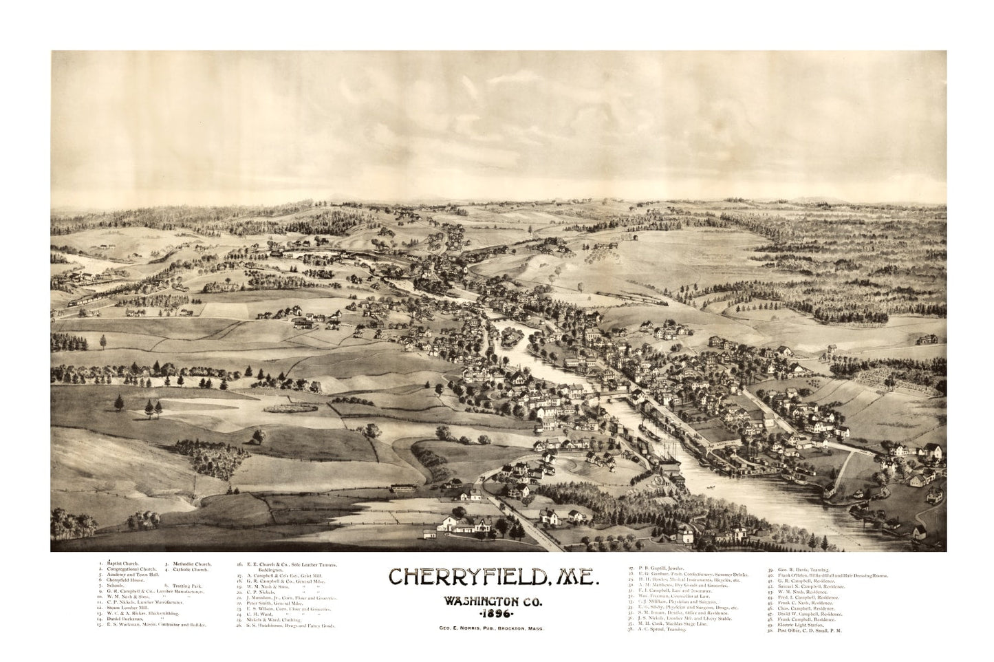 Vintage Map of Cherryfield, Maine, 1896
