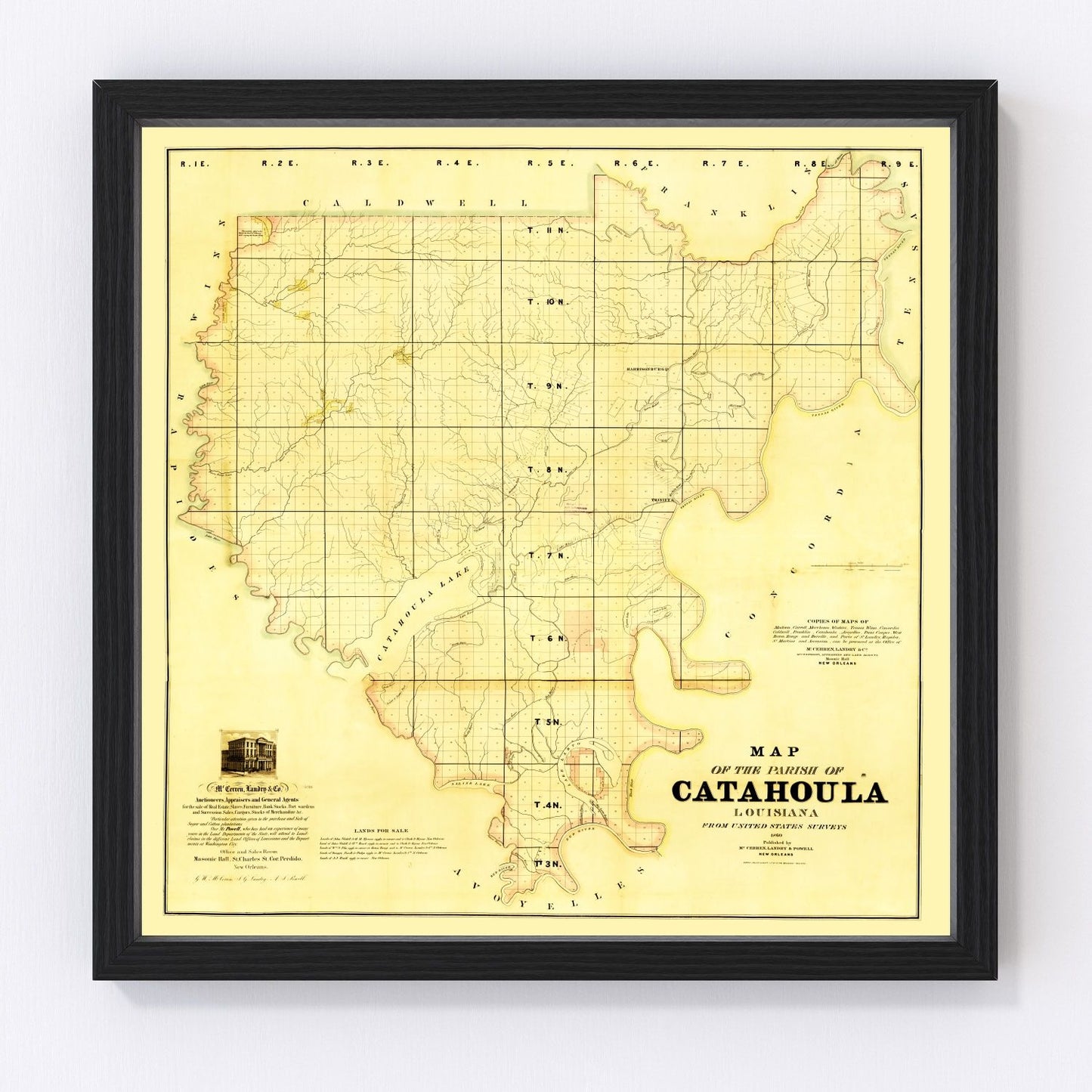 Vintage map of Catahoula Parish, Louisiana, 1860, restored vintage wall art print