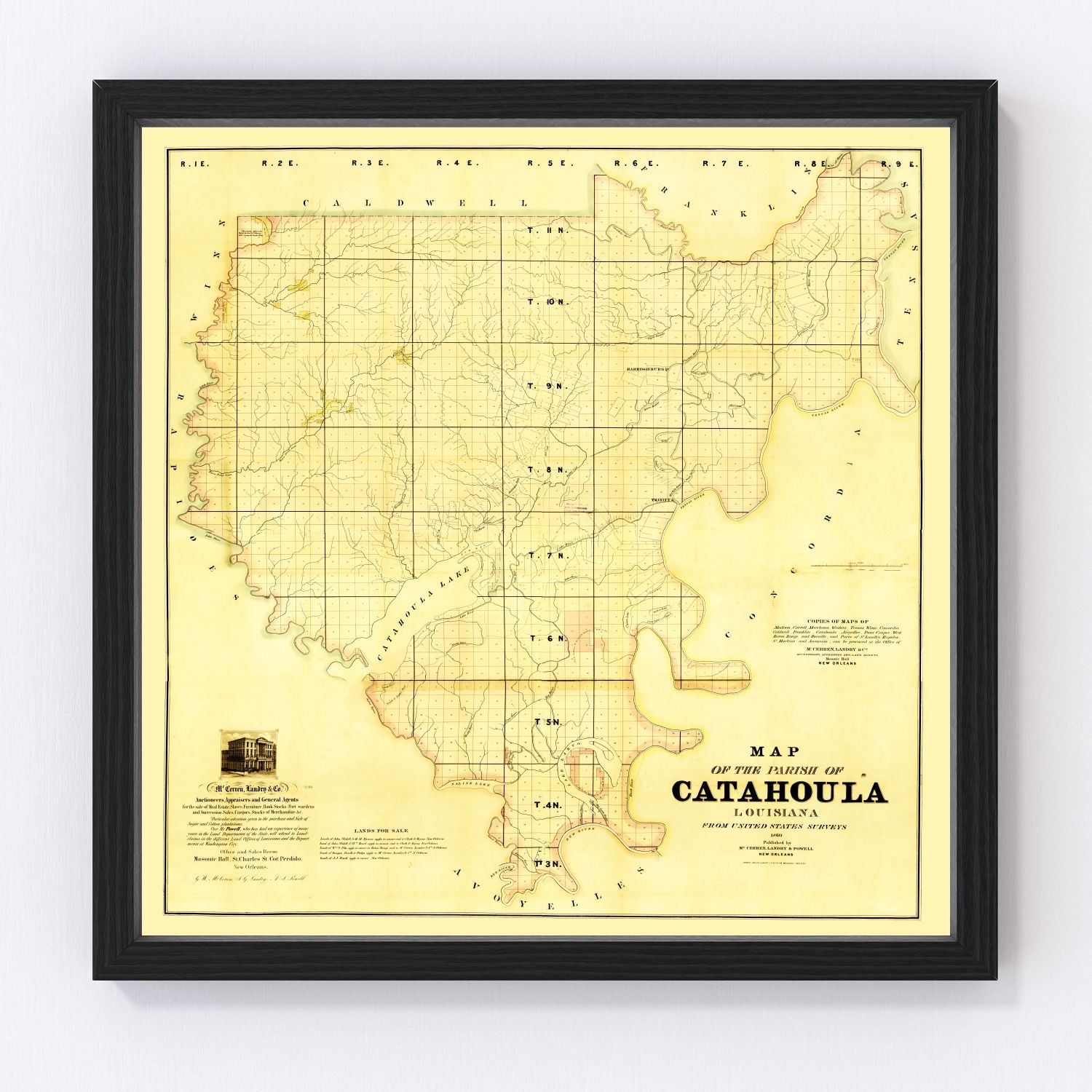 Vintage map of Catahoula Parish, Louisiana, 1860, restored vintage wall art print