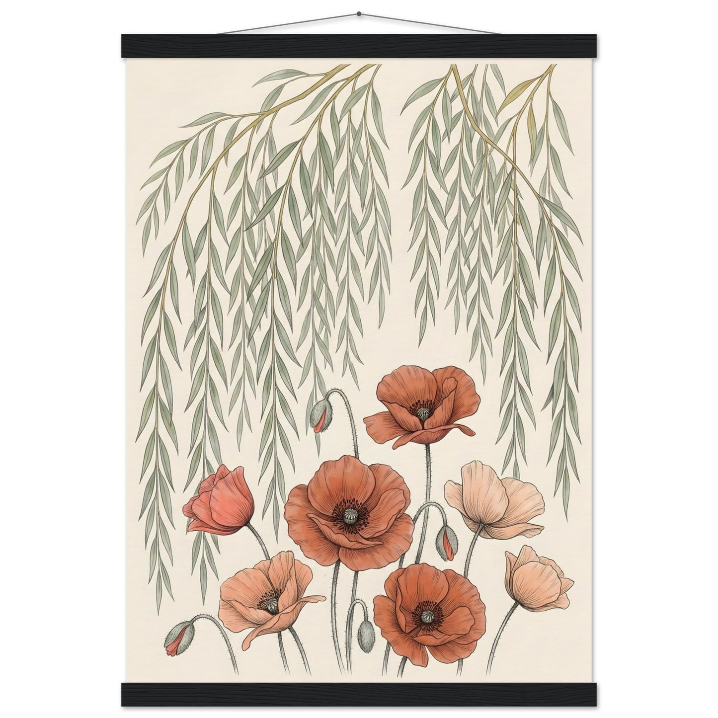Willow Tree and Poppy Botanical 9th Anniversary Wall Art - A2 (42 x 59.4 cm) / Museum-Quality Matte Paper Poster with Hanger - Black wall hanger - Sparkycare