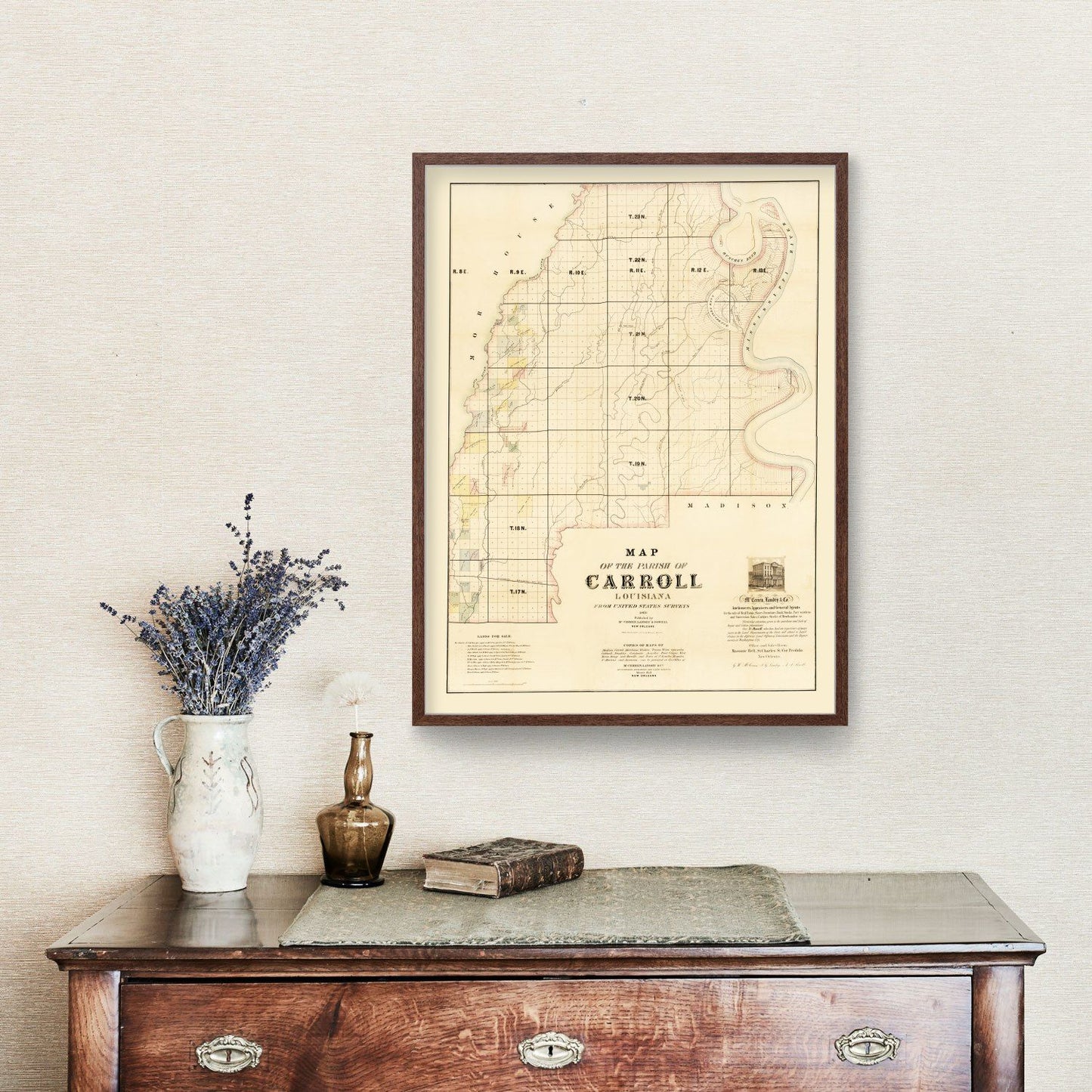 Vintage Map of Carroll Parish, Louisiana, 1860 Wall Art