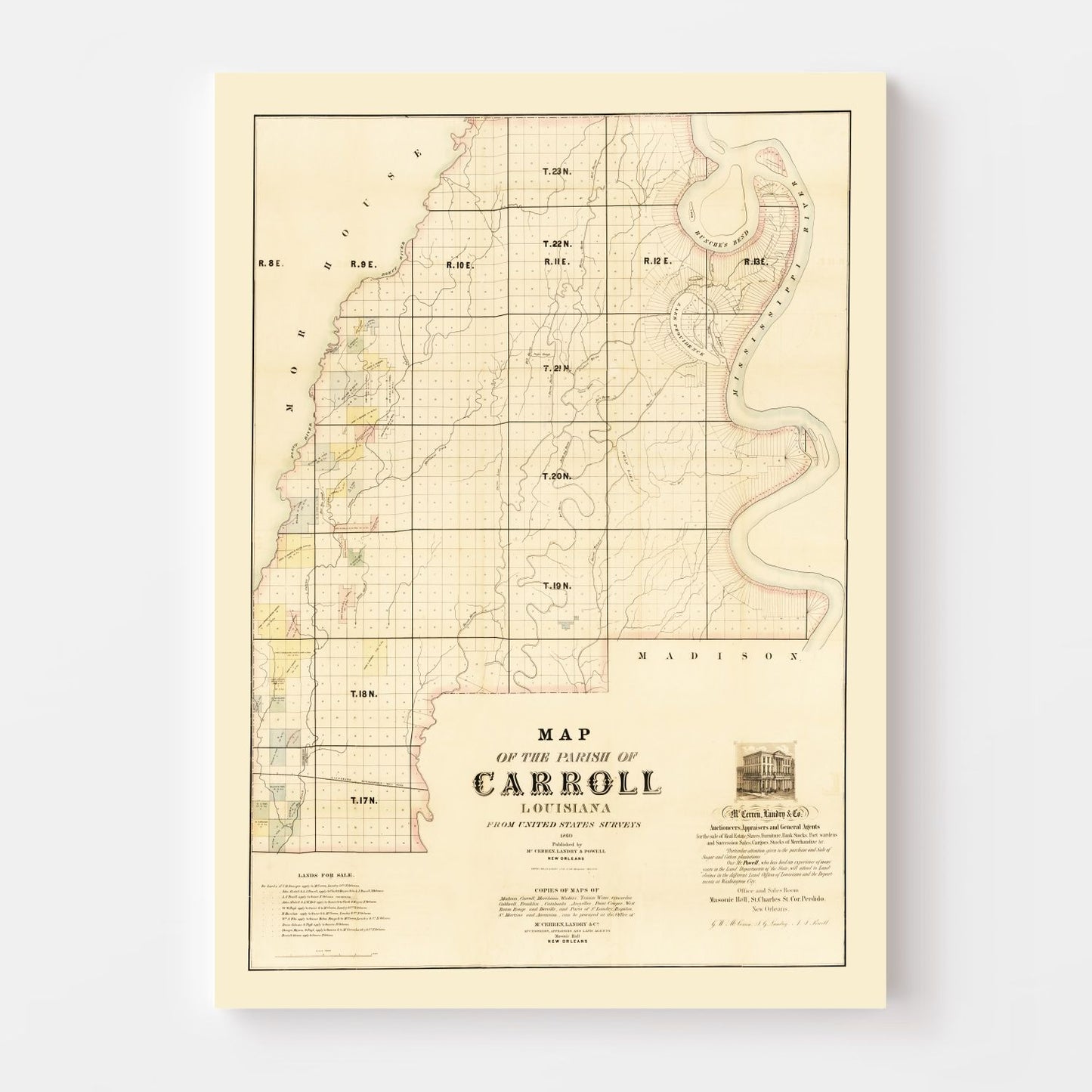 Vintage Map of Carroll Parish, Louisiana, 1860 Wall Art
