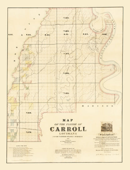 Vintage Map of Carroll Parish, Louisiana, 1860 Wall Art