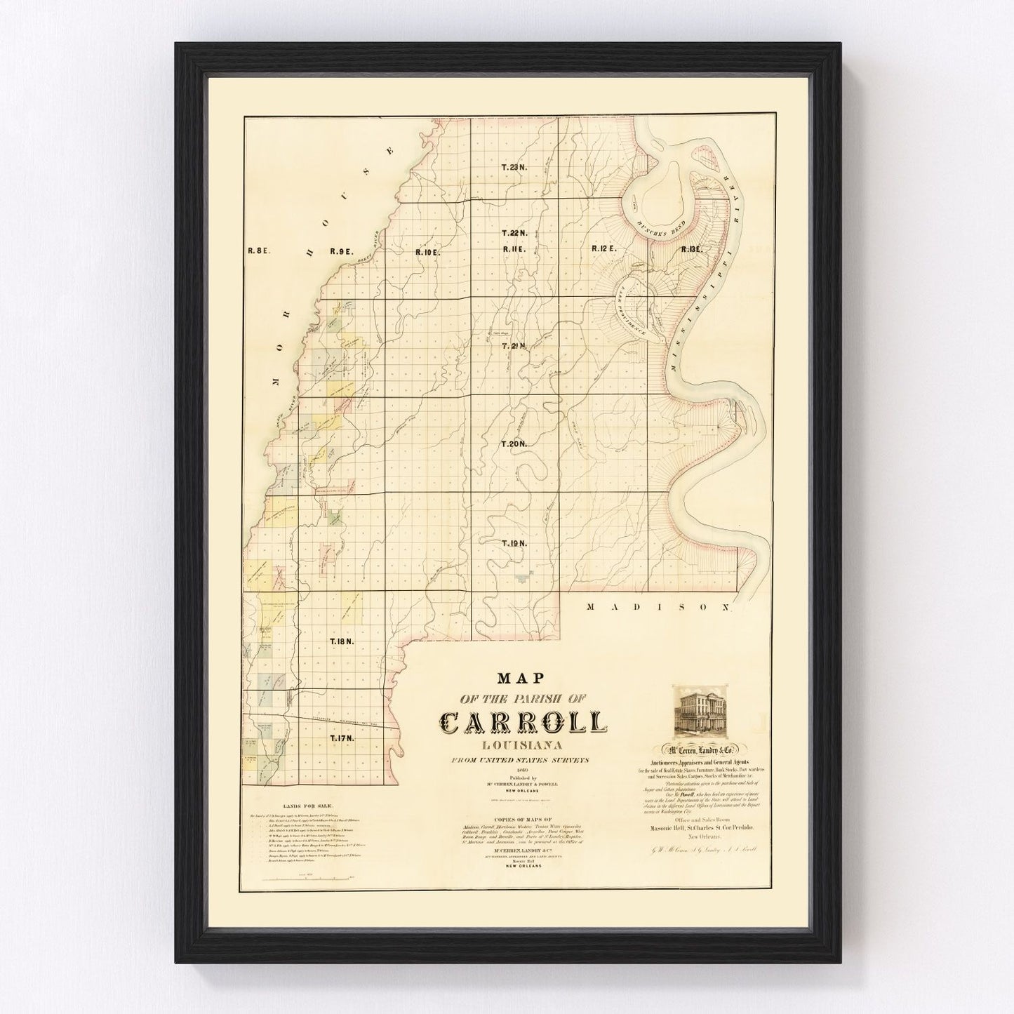 Vintage map of Carroll Parish, Louisiana, 1860 West, restored vintage wall art print