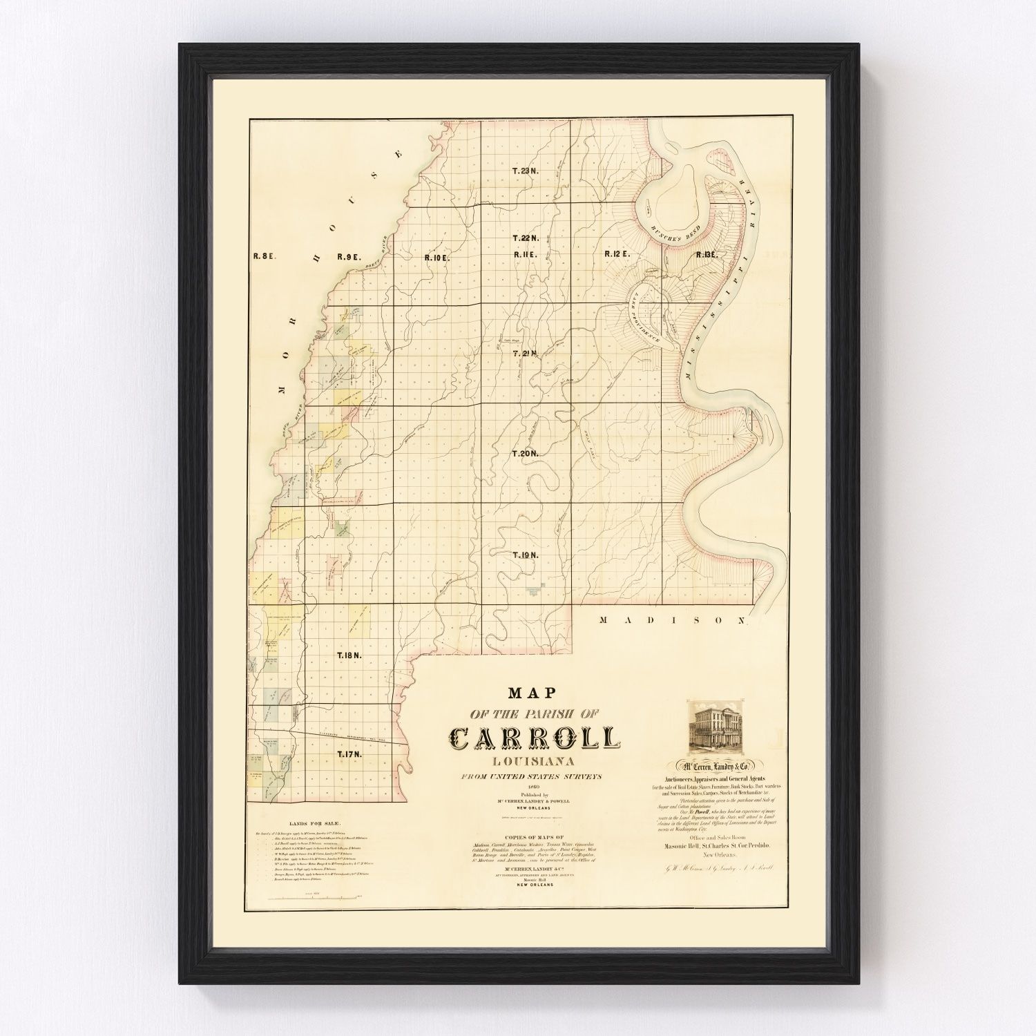 Vintage map of Carroll Parish, Louisiana, 1860 West, restored vintage wall art print