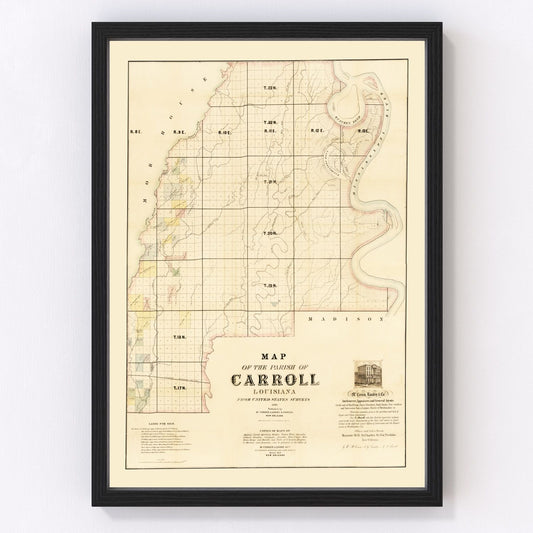 Vintage map of Carroll Parish, Louisiana, 1860 West, restored vintage wall art print