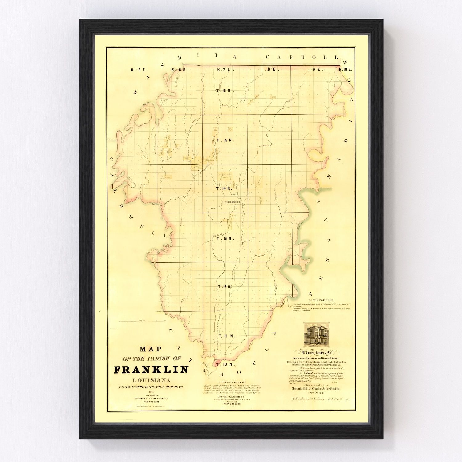 vintage map of Franklin Parish, Louisiana, 1860