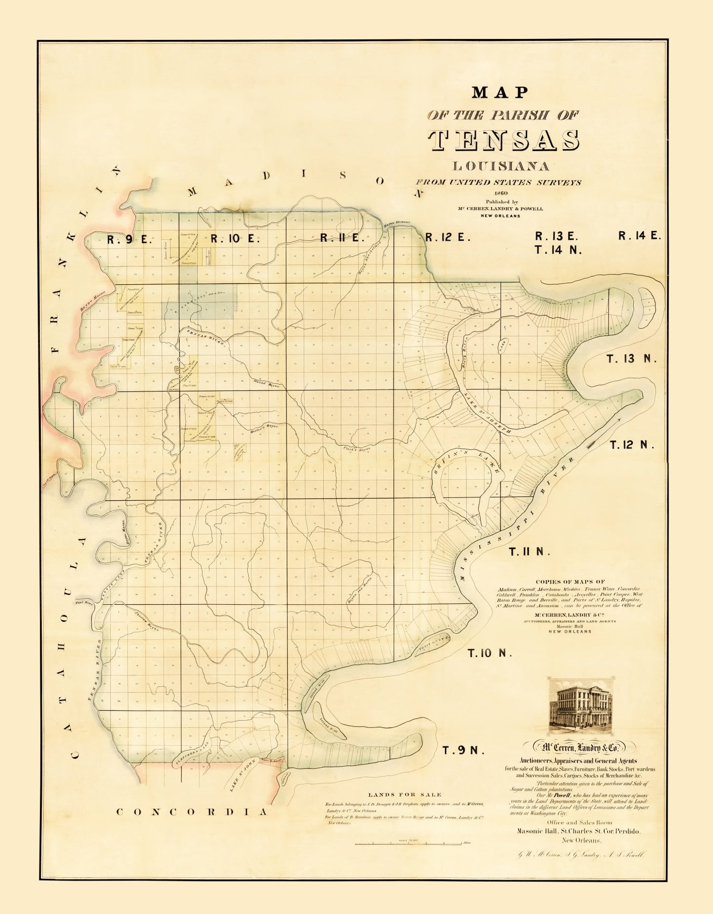 Vintage Map of Tensas Parish, Louisiana, 1860