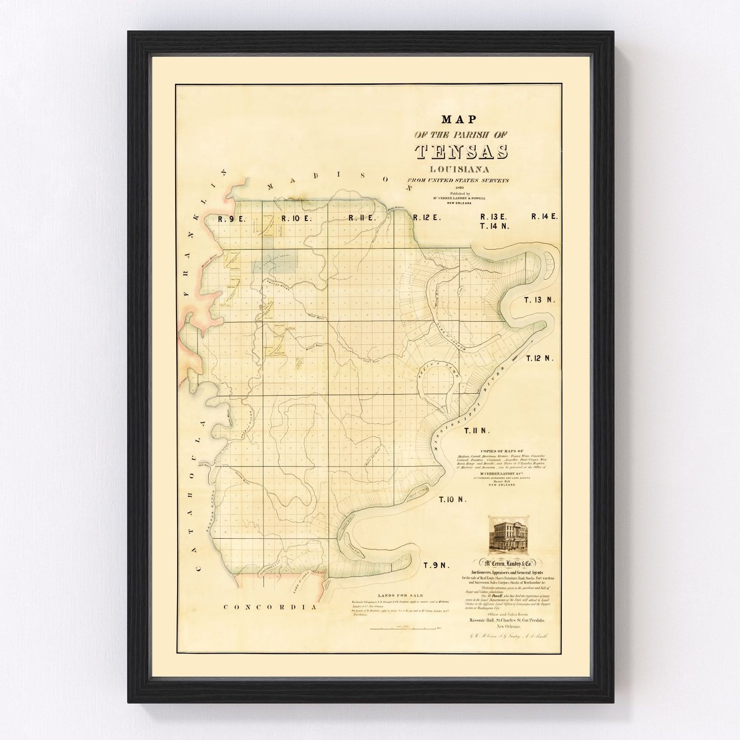 vintage map of Tensas Parish, Louisiana, 1860