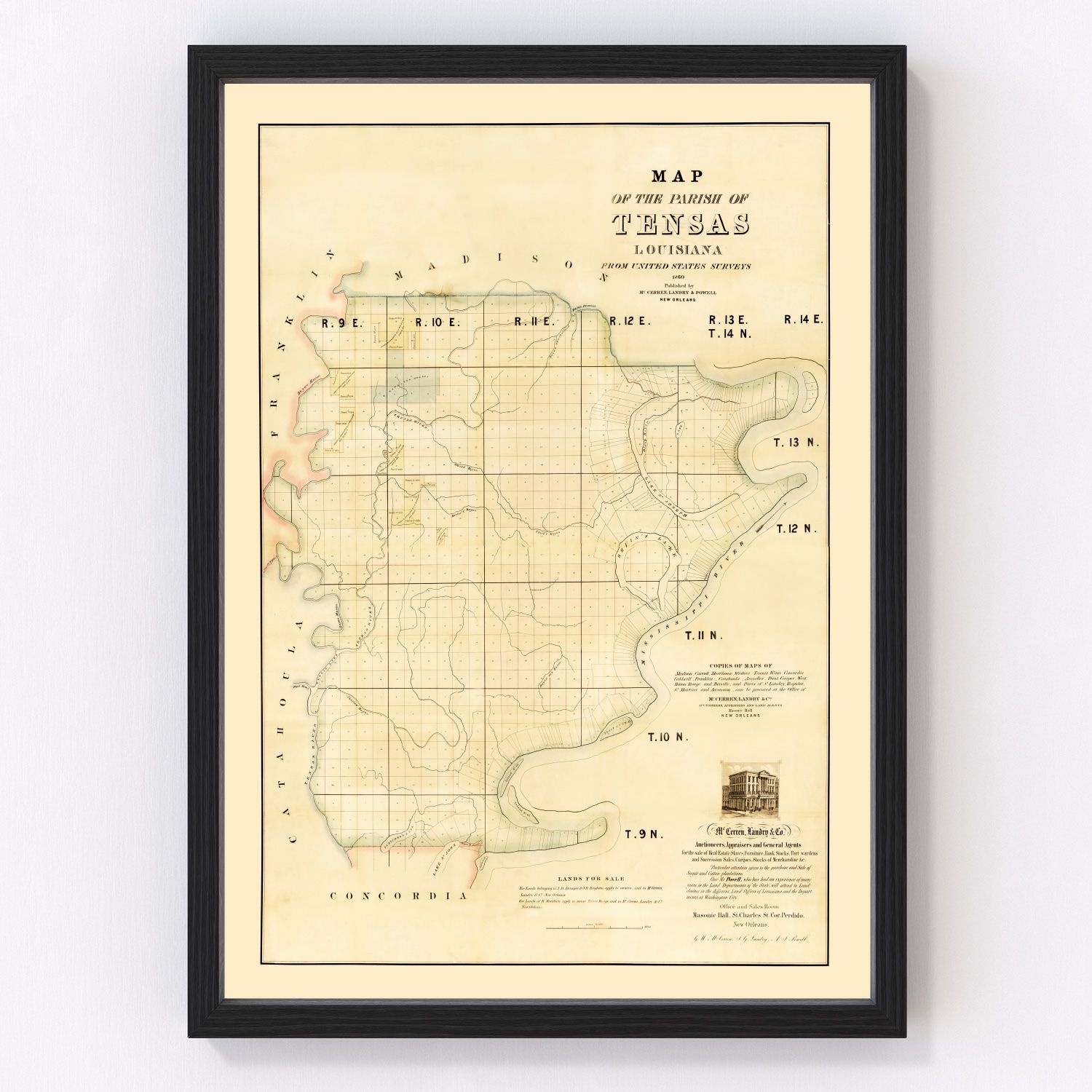 vintage map of Tensas Parish, Louisiana, 1860