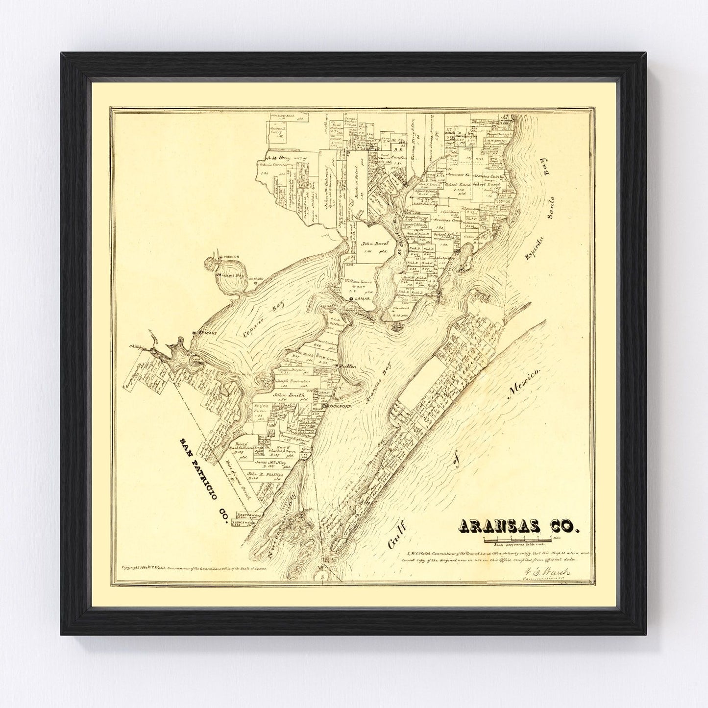 vintage map of Aransas County, Texas, Gulf Coast, 1880