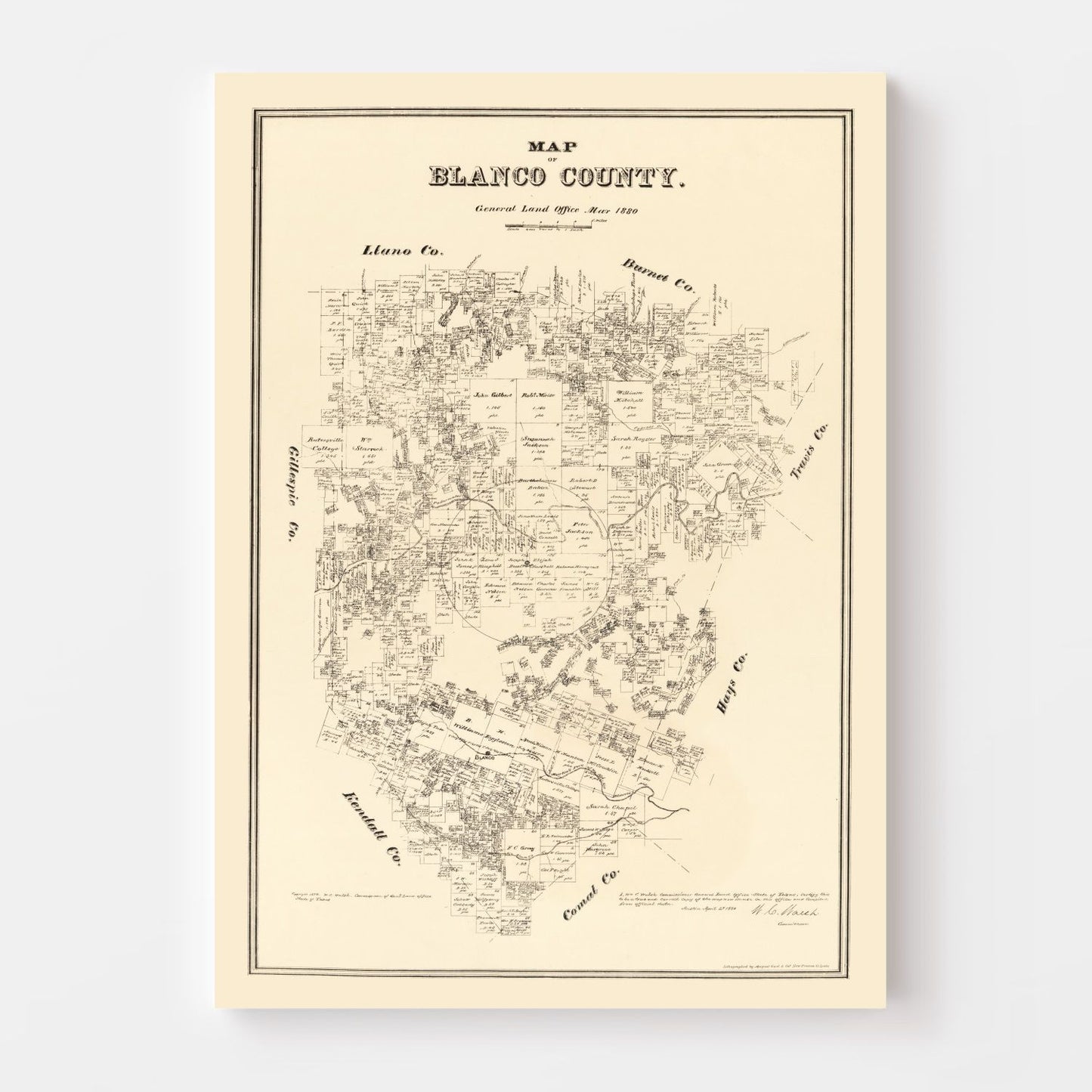Vintage Map of Blanco County, Texas, 1879
