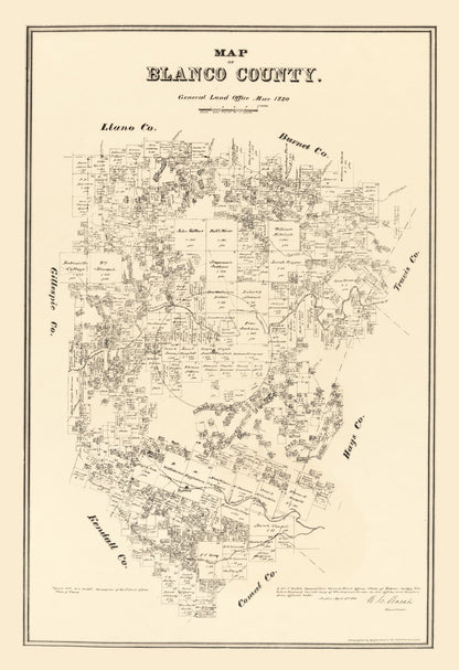 Vintage Map of Blanco County, Texas, 1879