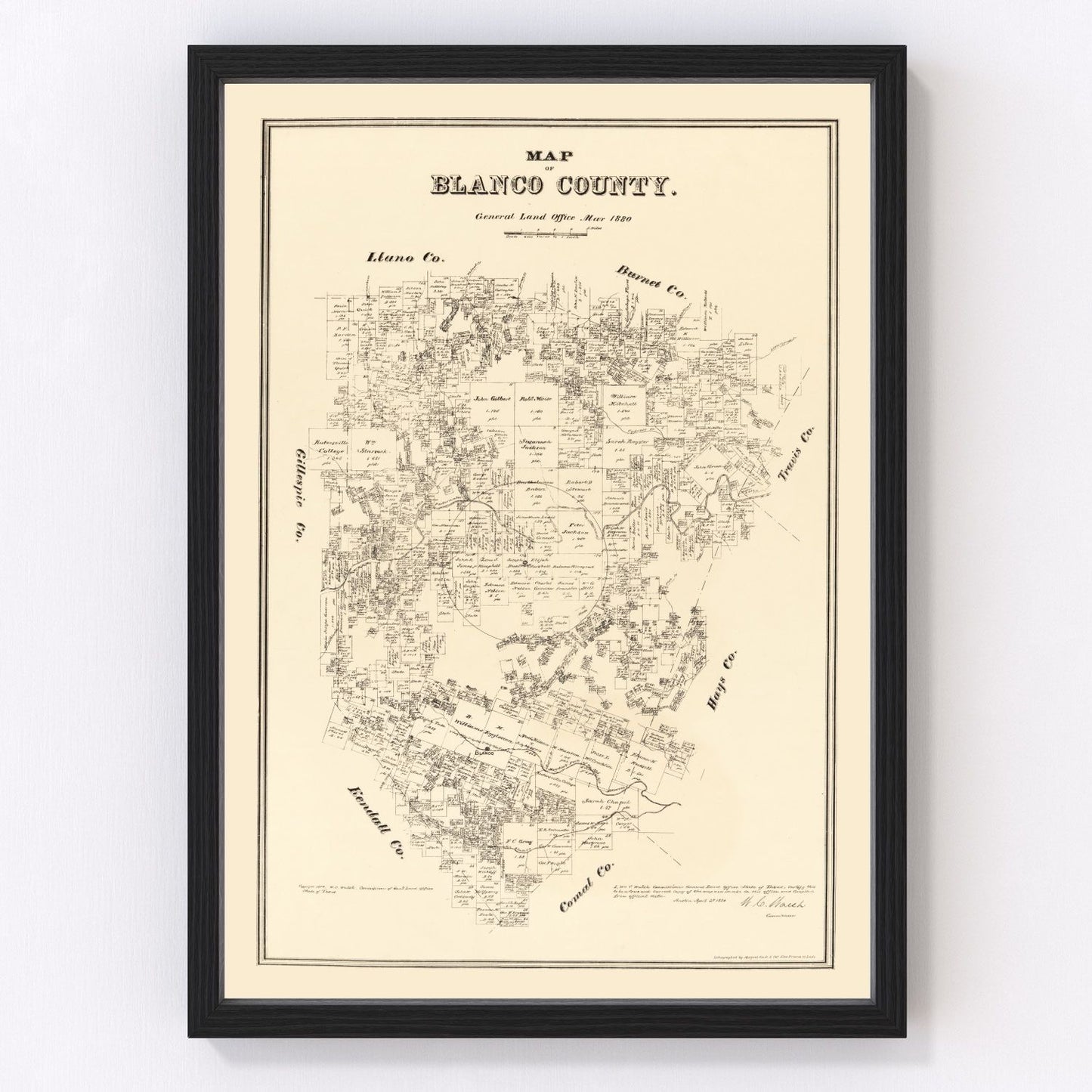 Vintage map of Blanco County, Texas, 1879